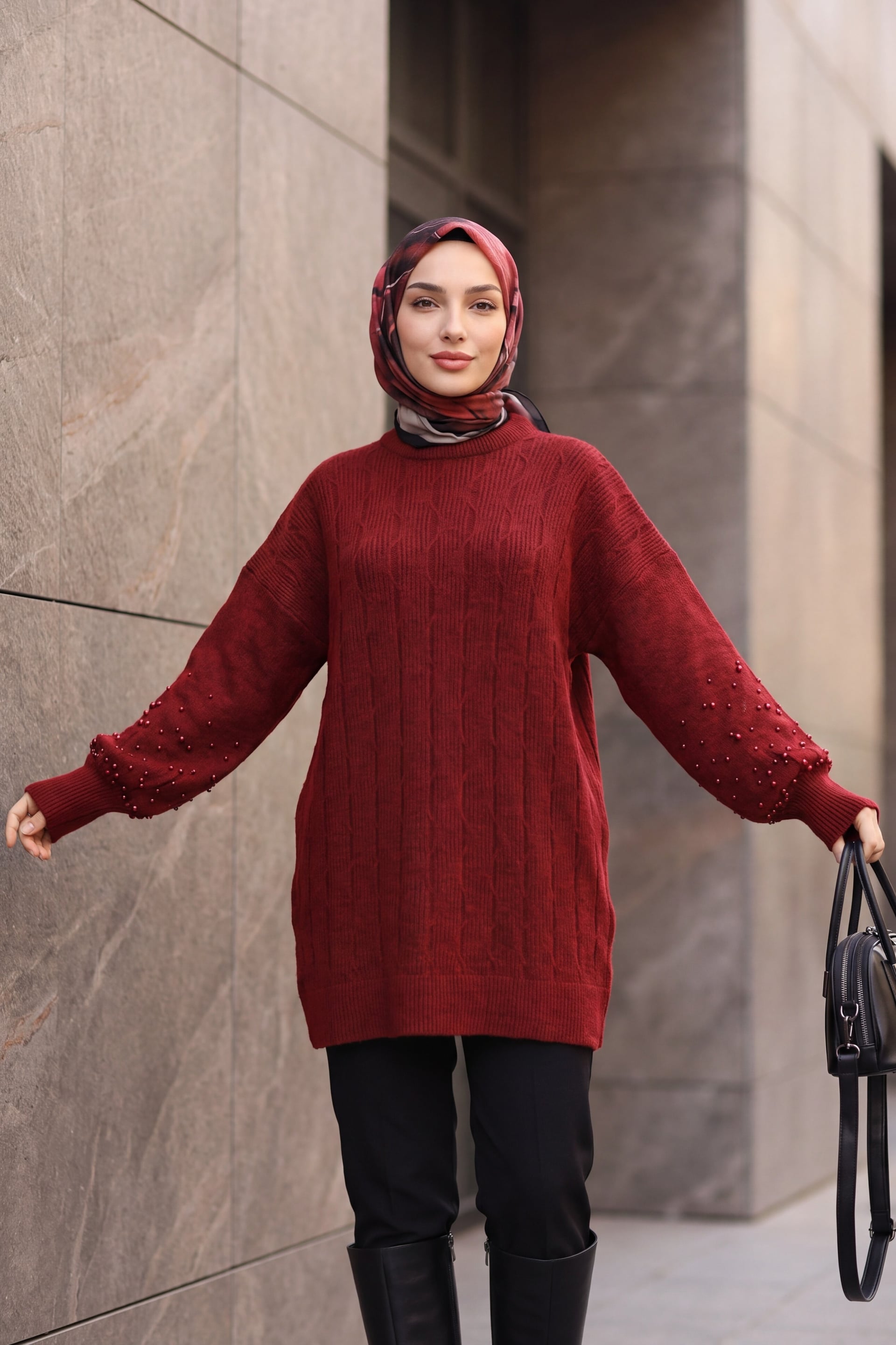 Pearl Detail Patterned Relaxed Knit Tunic - Bordeaux - Podyumplus - by Peralane - photo 4