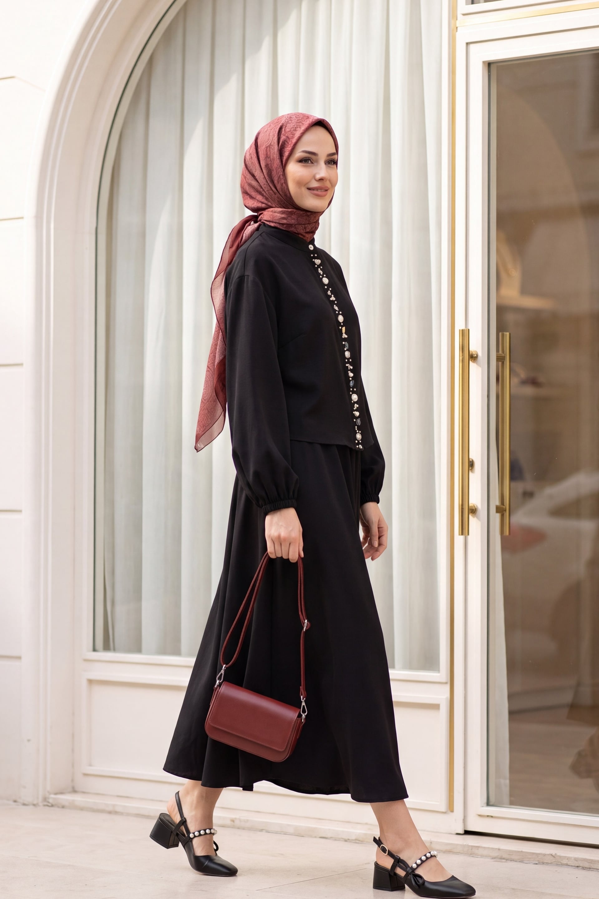 Black Modal Two-Piece Set with Pearl Button Blouse and Skirt - Podyumplus - by Peralane - photo 3
