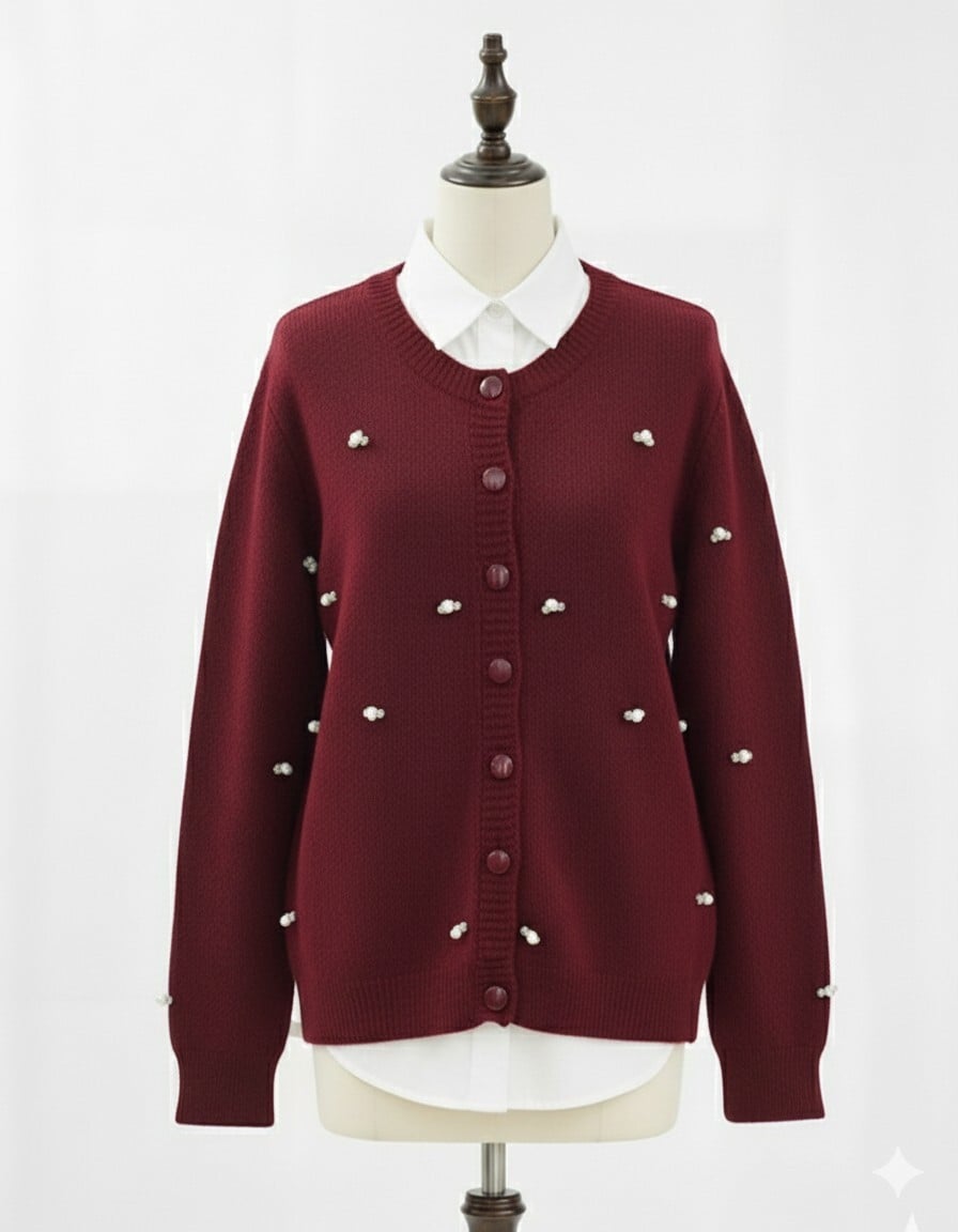 Buttoned Floral Detail Soft Cardigan - Maroon - Podyumplus - by Peralane - photo 6
