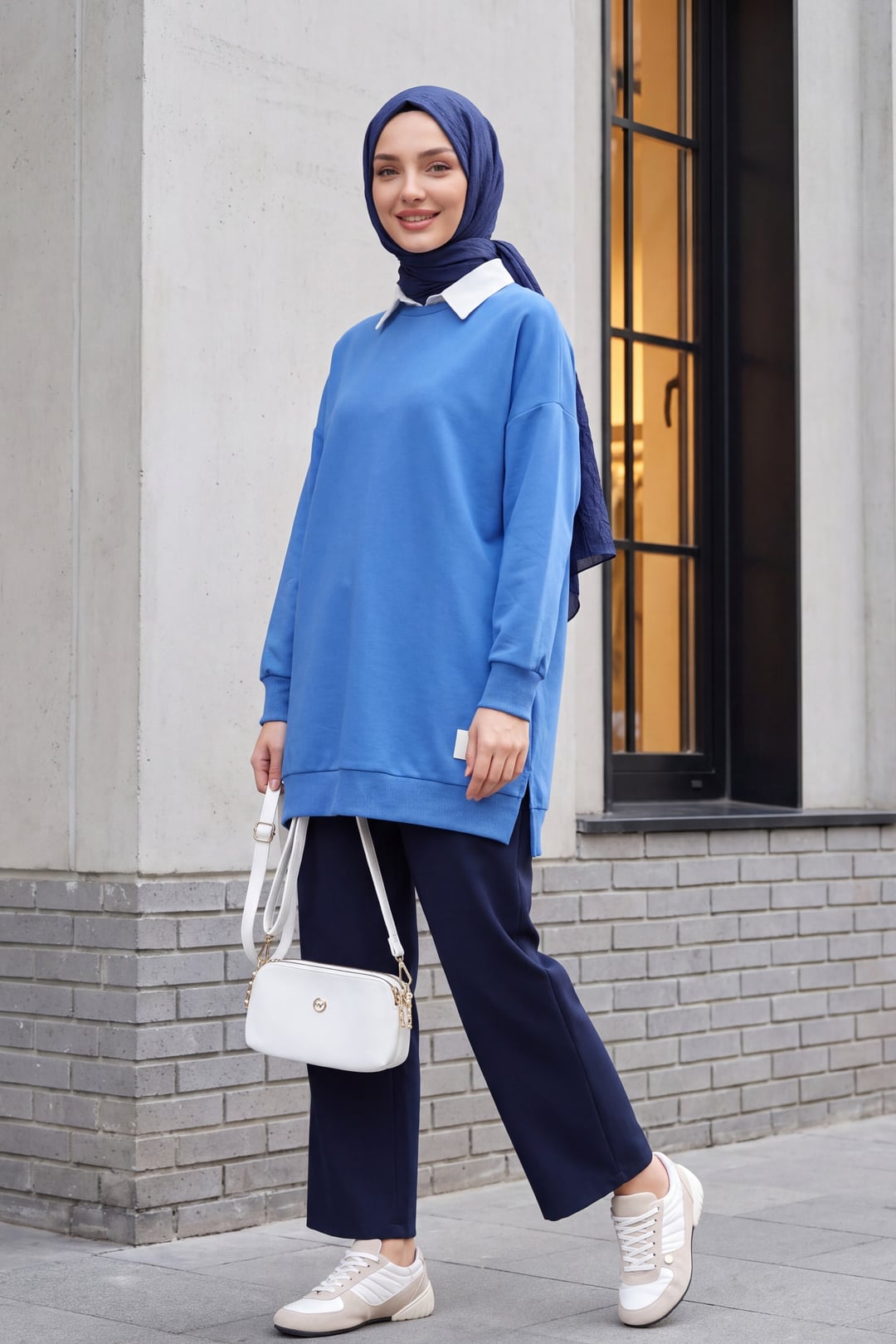 Blue Oversized Sweatshirt with Collar Detail - Podyumplus - by Peralane - photo 3