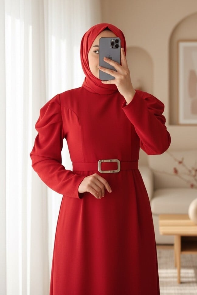 Red Modest Dress with Belt and Puff Sleeves - Podyumplus - by Peralane - photo 2