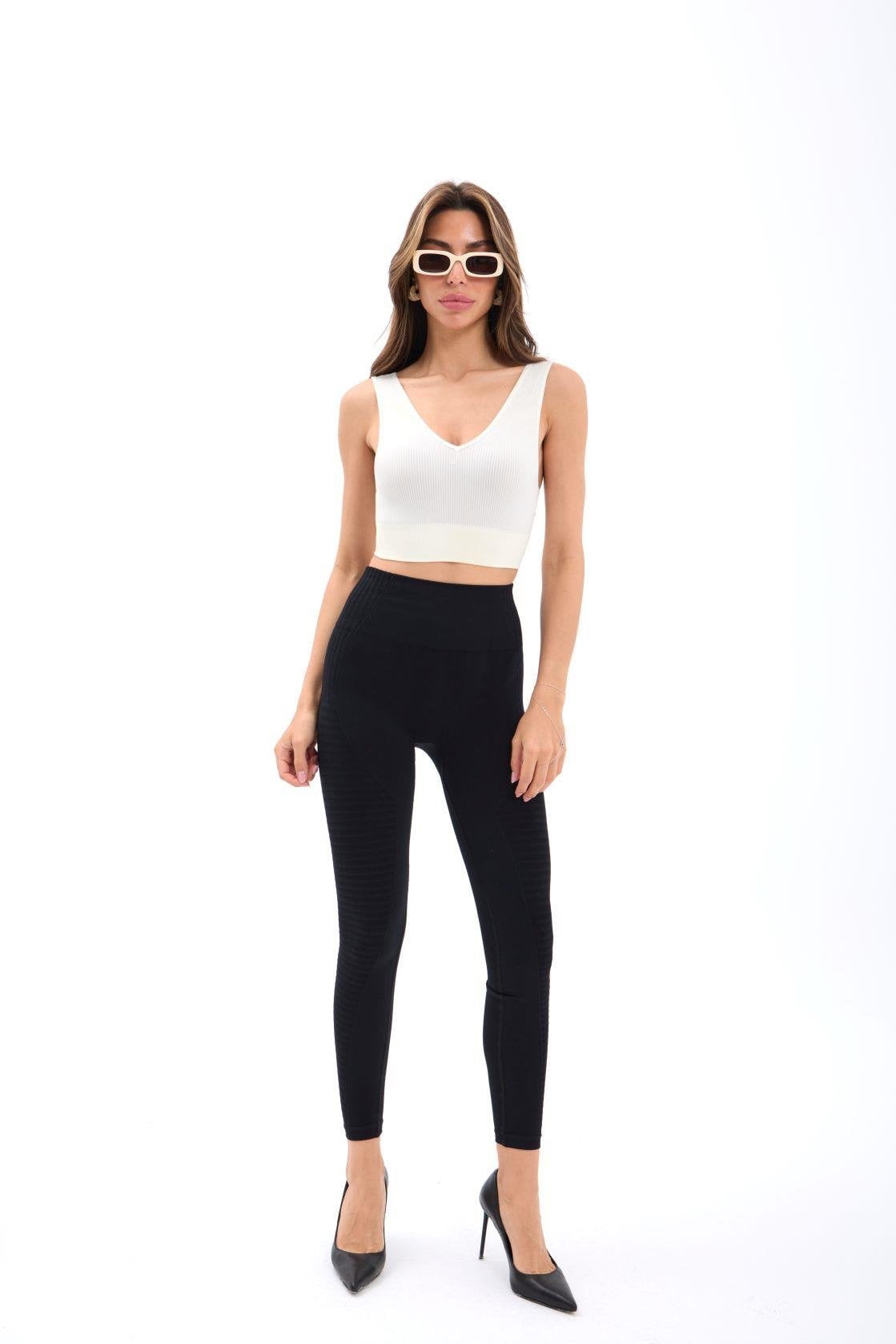 Black High-Waisted Leggings with White Ribbed Crop Top Set - Fame - by Peralane