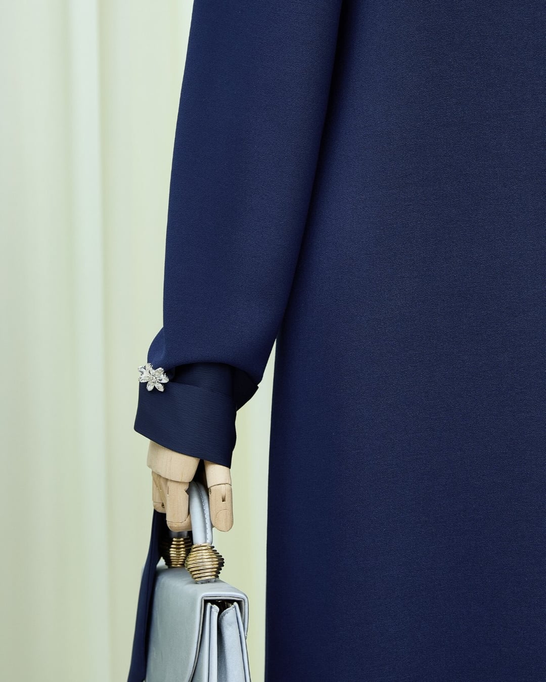 Navy Blue Crepe Dress with Scarf Collar and Brooch Detail - Long Sleeve with Tie Cuffs - Podyumplus - by Peralane - photo 5