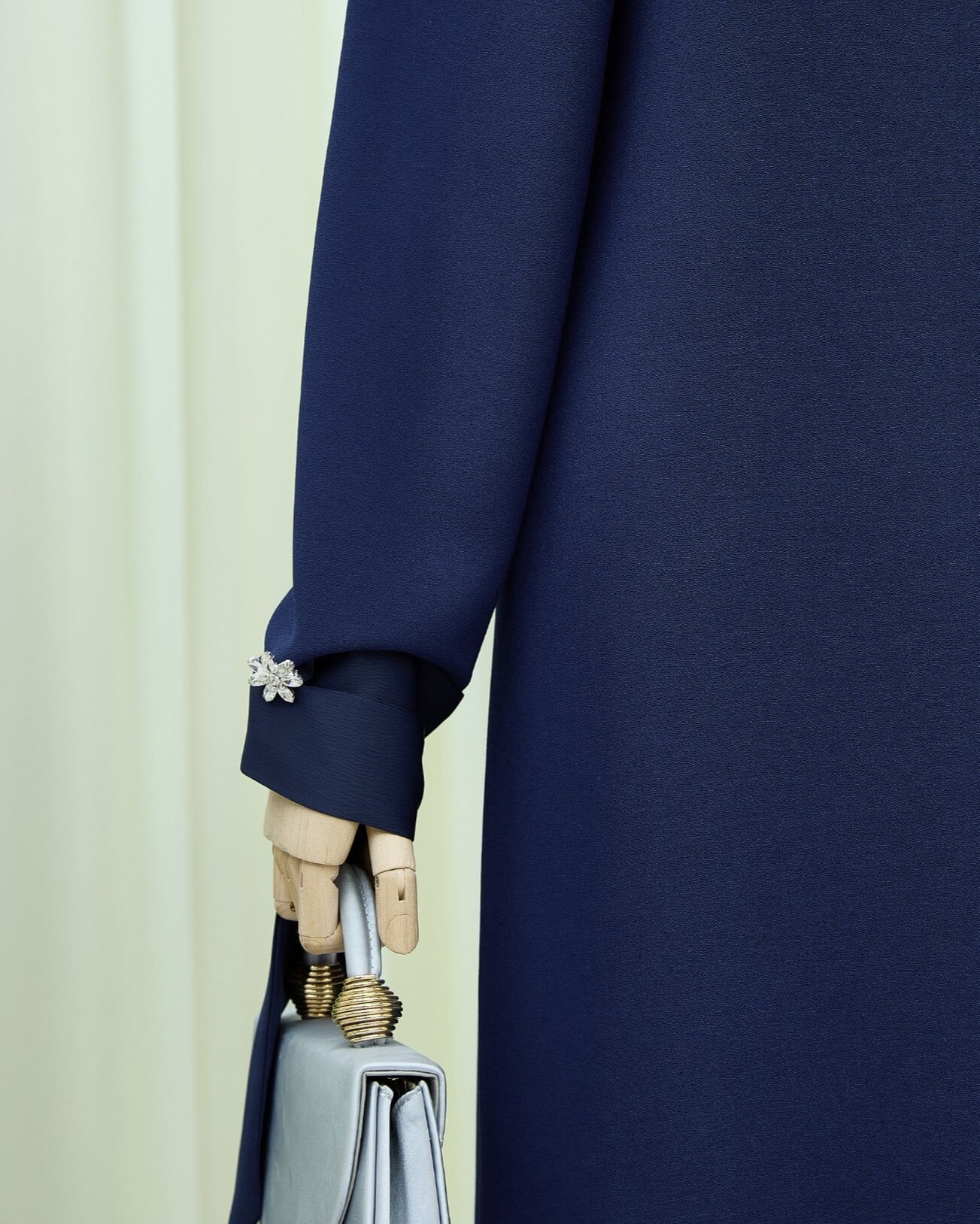Navy Blue Crepe Dress with Scarf Collar and Brooch Detail - Long Sleeve with Tie Cuffs - Podyumplus - by Peralane - photo 5