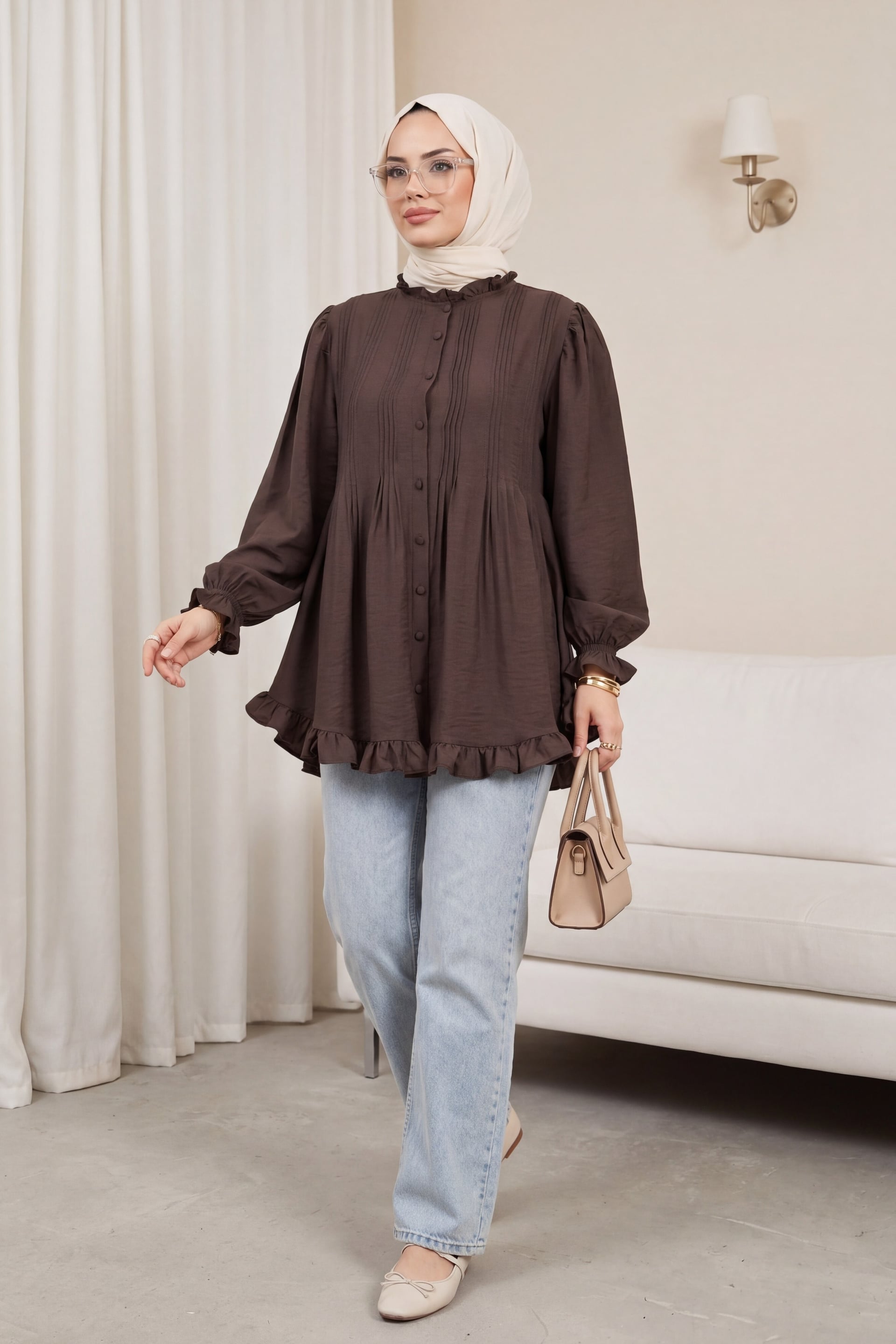 Ruffled Sleeve Lace-Up Ribbed Cupro Tunic - Dark Brown - Podyumplus - by Peralane - photo 3