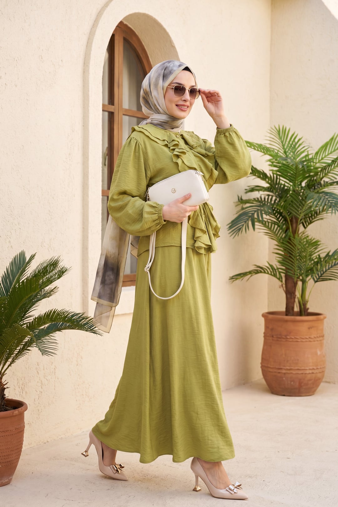 Ruffled Front Long-Sleeve Top and A-Line Skirt Set in Olive Green - Podyumplus - by Peralane - photo 3