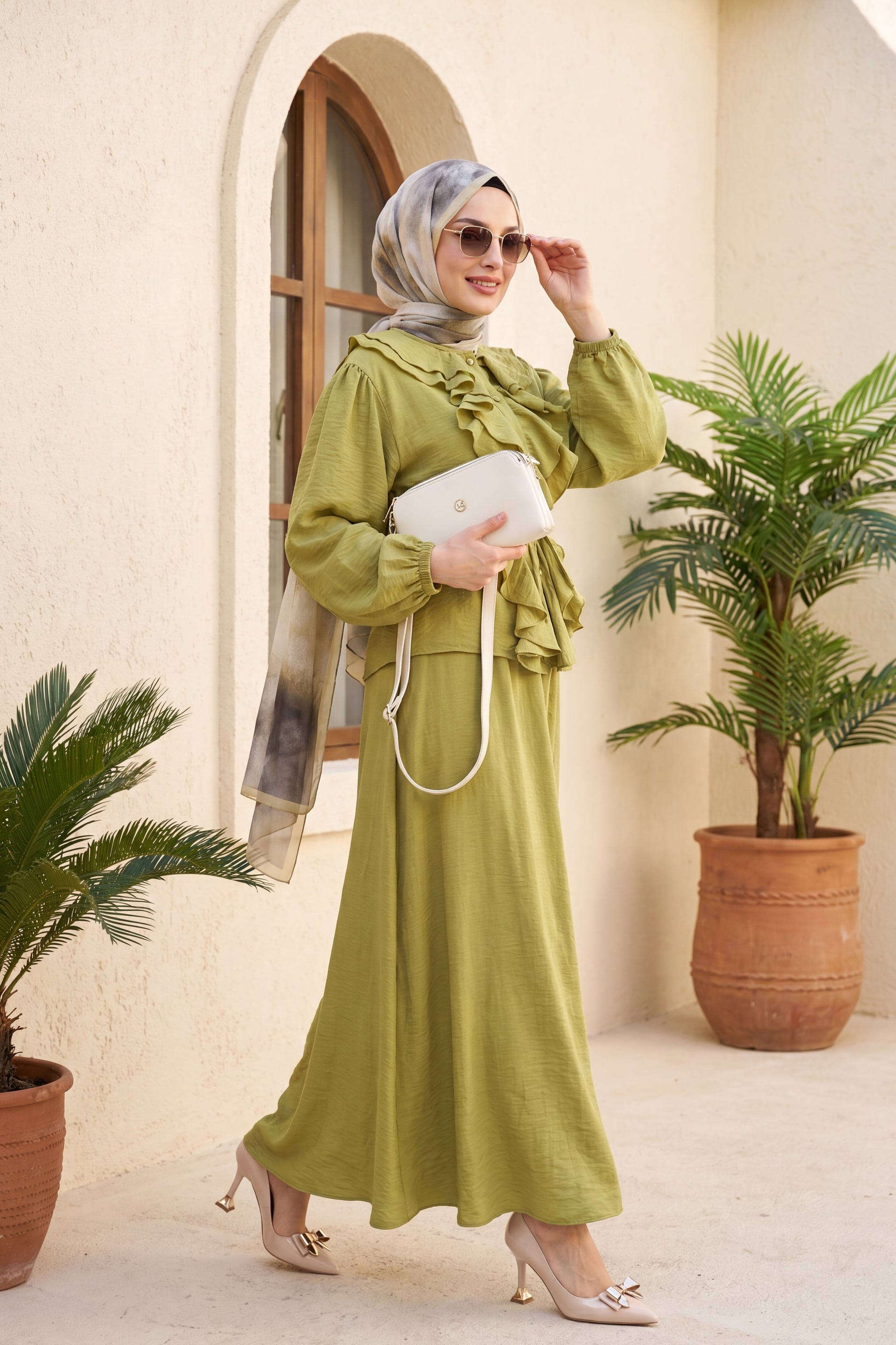 Ruffled Front Long-Sleeve Top and A-Line Skirt Set in Olive Green - Podyumplus - by Peralane - photo 3