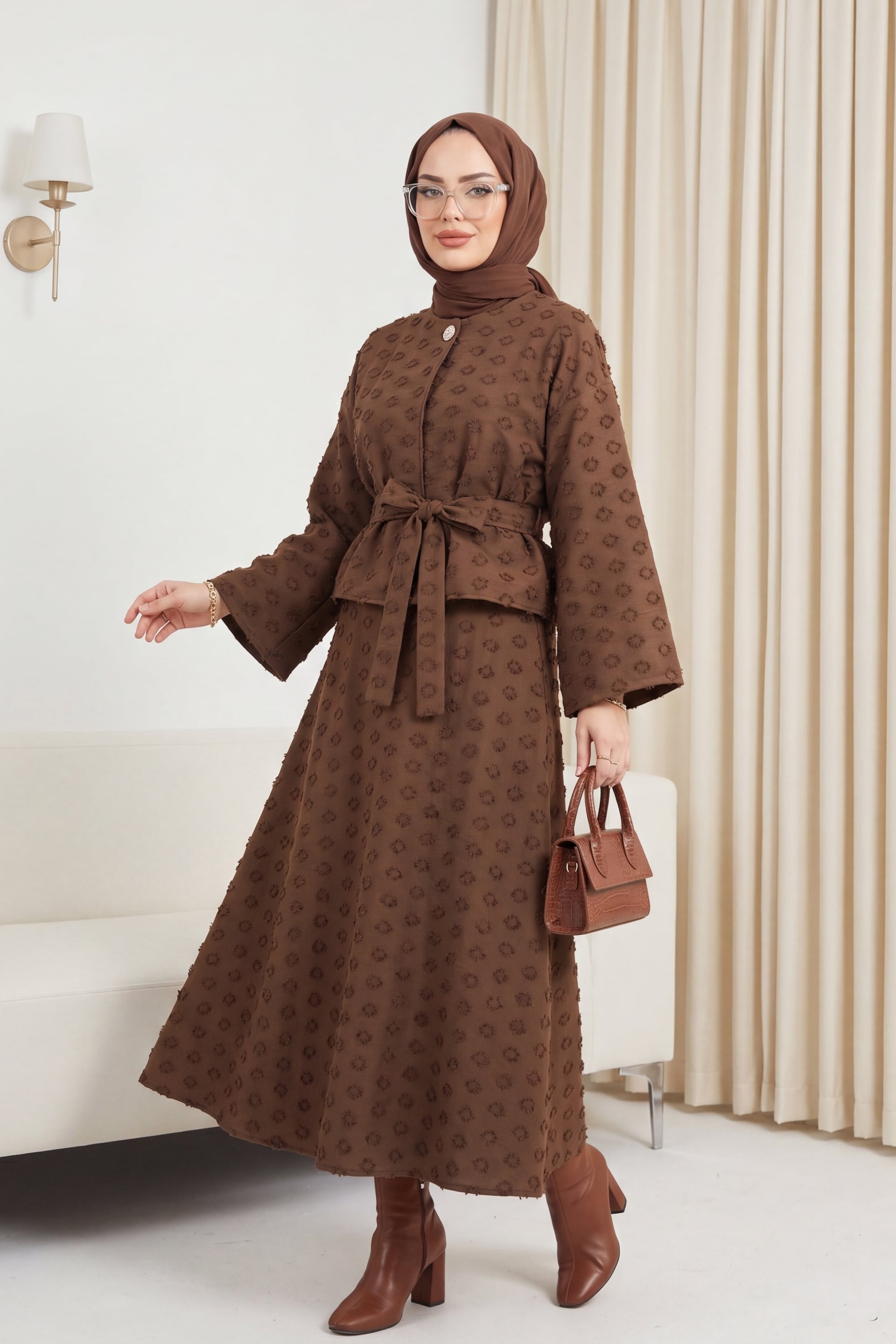 Brown Embroidered Voile Crepe Two-Piece Set with Jacket and Midi Skirt - Podyumplus - by Peralane