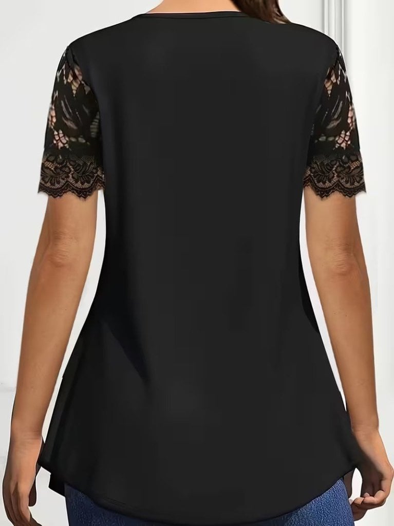 Women's Short Sleeve V-Neck Lace Trim Blouse - Black - Janes - by Peralane - photo 2