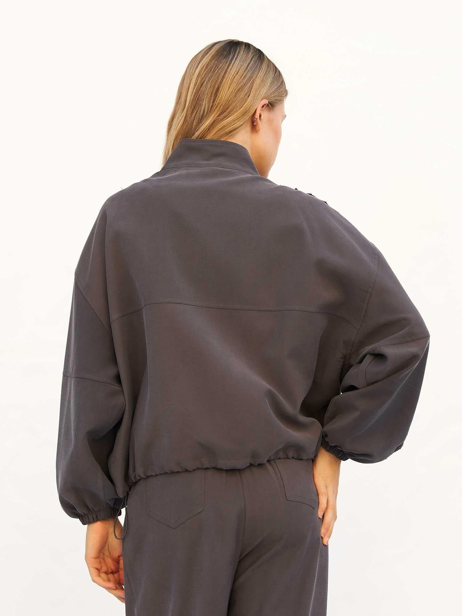 Dark Grey Zip-Up Long Sleeve Jumpsuit with Drawstring Waist - Lefon - by Peralane - photo 3