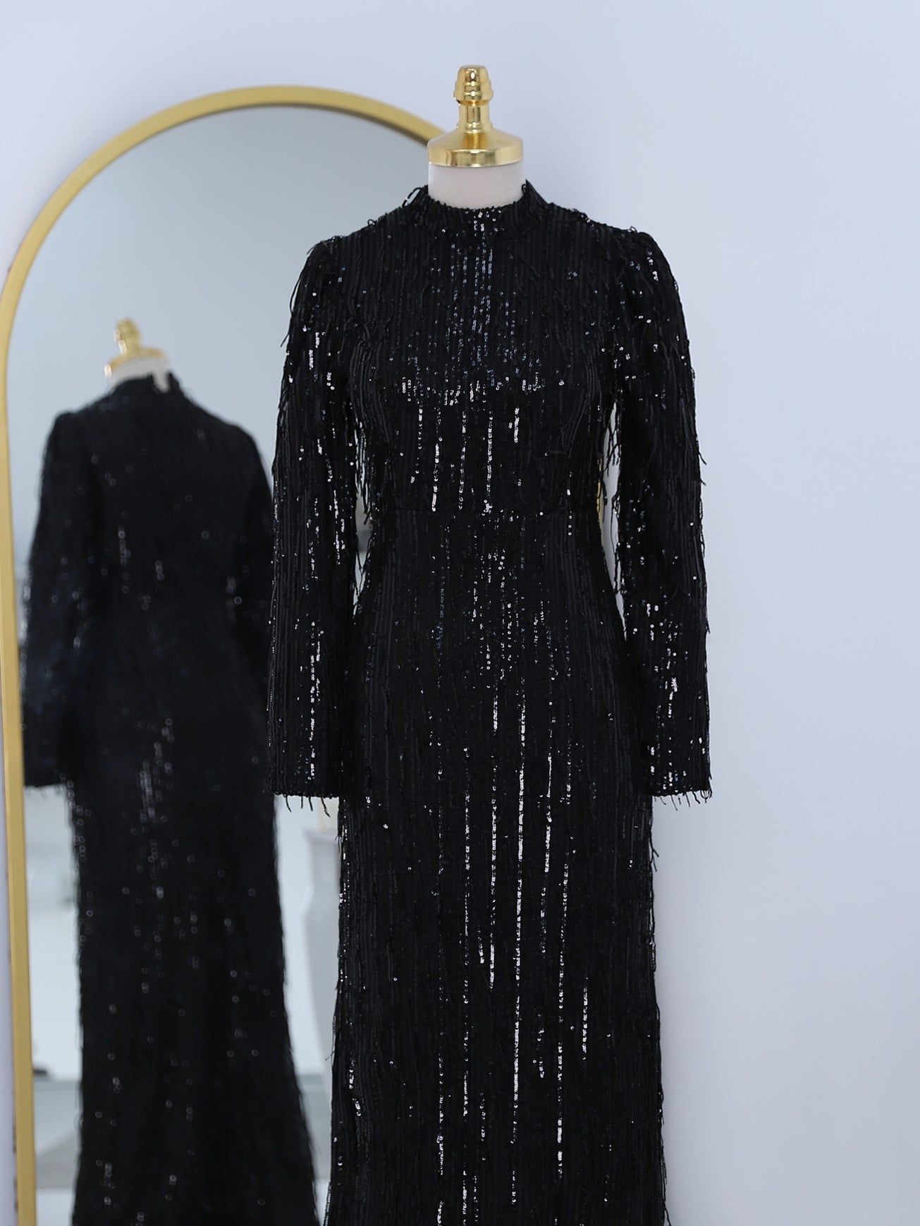 Black Sequin Fringe Evening Dress with High Neck - Podyumplus - by Peralane