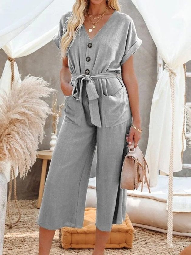 Women's Short Sleeve V-Neck Button Belted Pocket Long Jumpsuit - Janes - by Peralane - photo 3