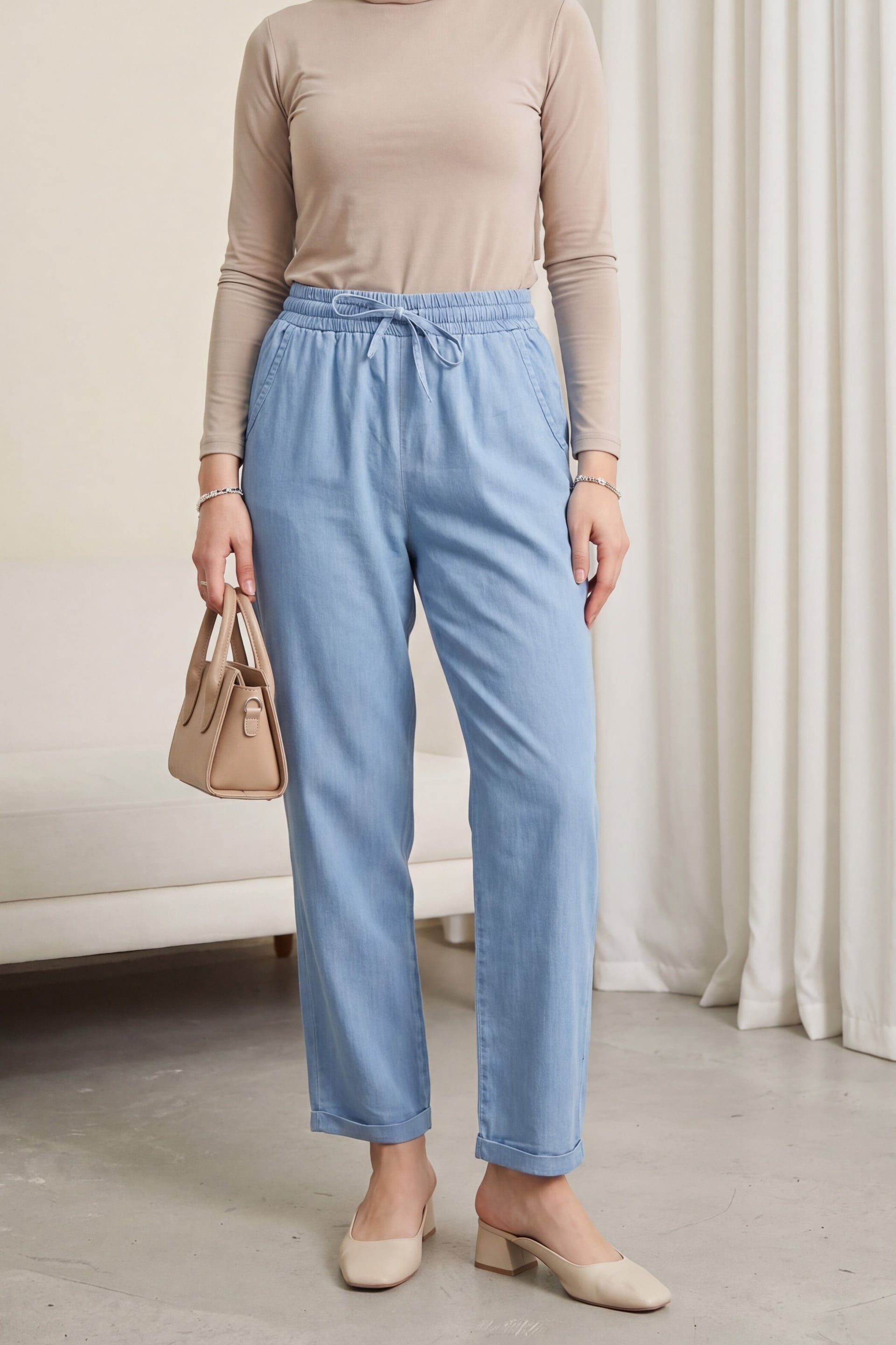 Cuffed Washed Soft Denim Trousers - Ice Blue - Podyumplus - by Peralane - photo 6