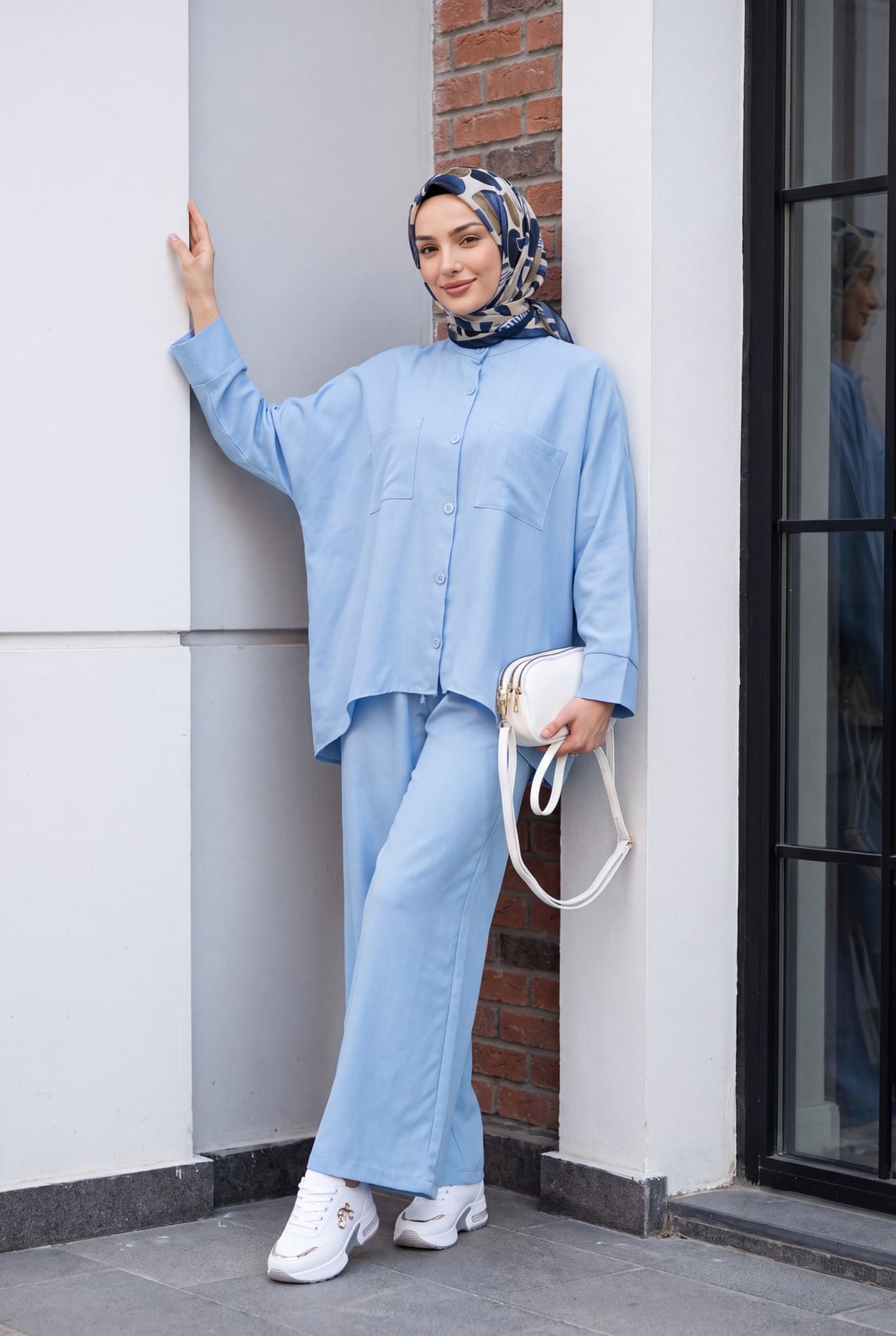 Light Blue Two-Piece Shirt and Wide-Leg Trouser Set - Podyumplus - by Peralane