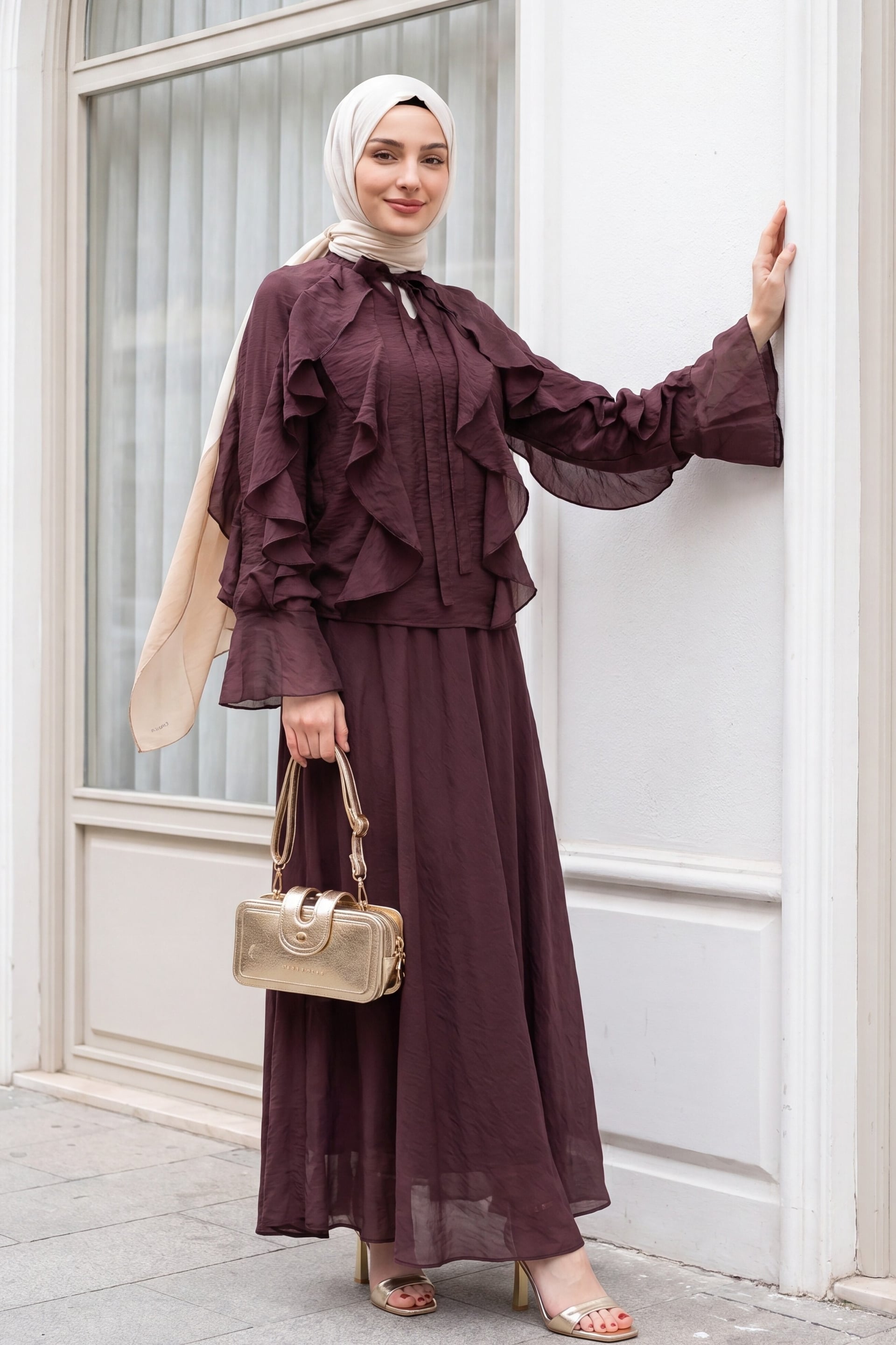 Tie-Neck Frill Front Lined Tulle Modal Modest Co-ord Set in Deep Plum - Podyumplus - by Peralane - photo 3
