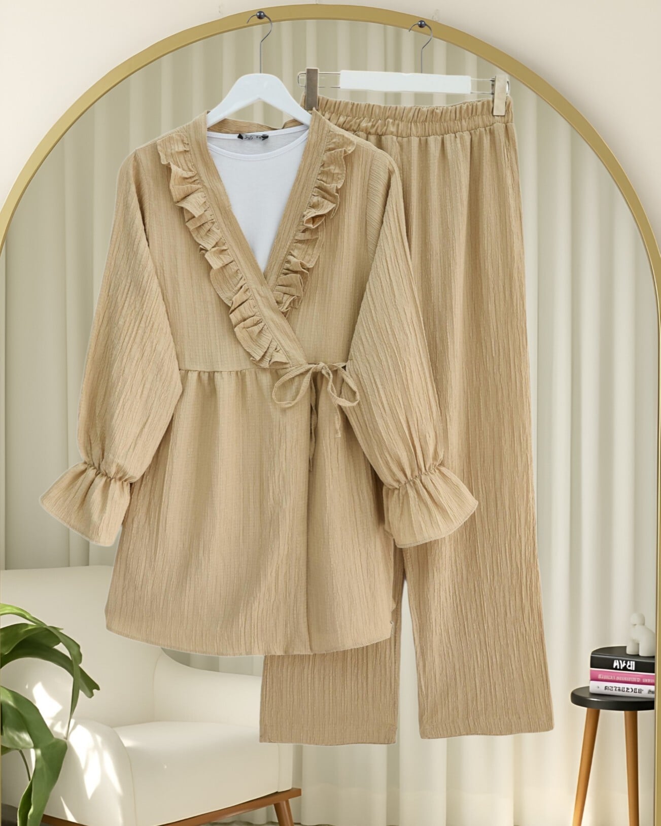 Crinkle Kimono Set with Ruffled Trim and Tie Waist - Beige - Podyumplus - by Peralane - photo 3