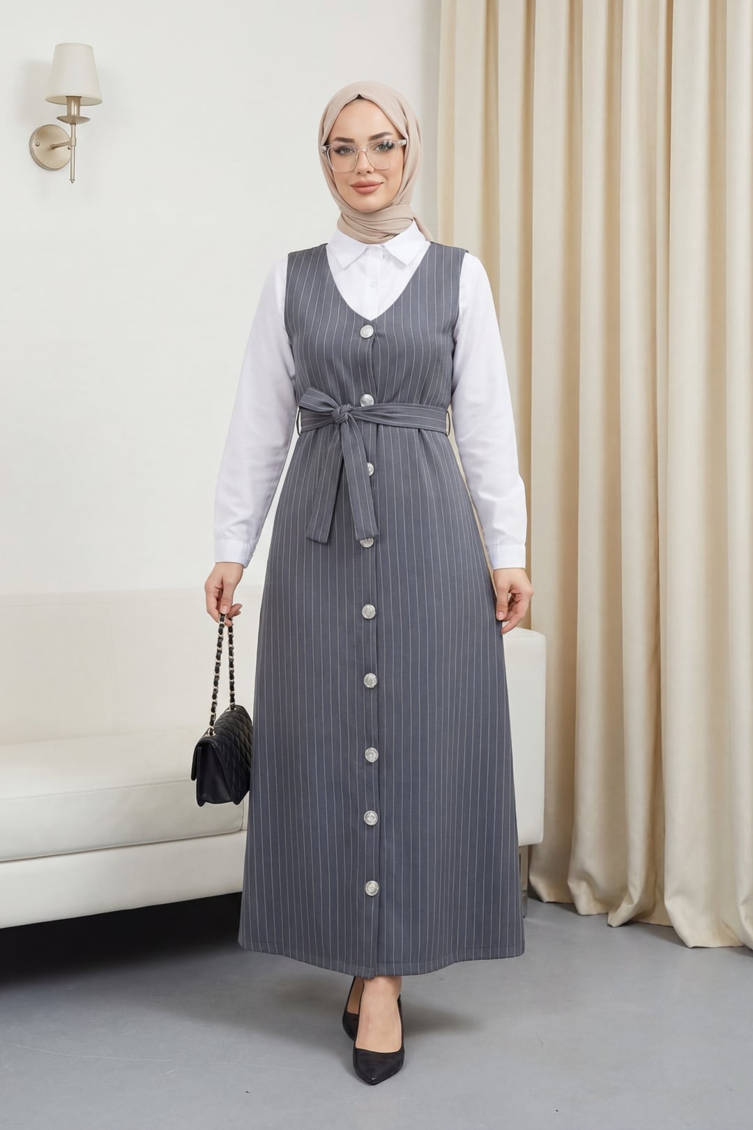 Grey Pinstripe V-Neck Belted Jile Dress - Podyumplus - by Peralane