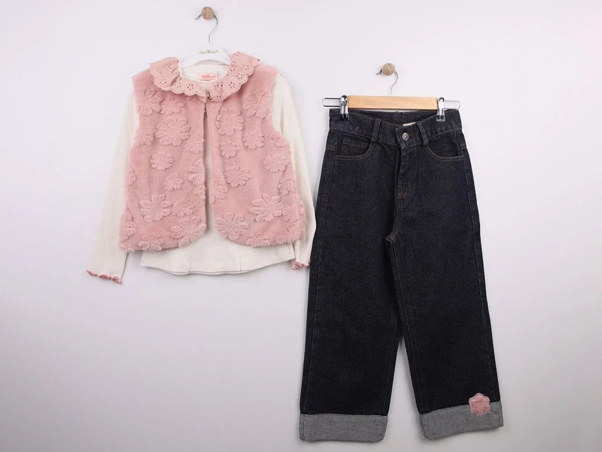 Girls' Floral Vest and Denim Trousers 3-Piece Set - Ecolkiz - by Peralane