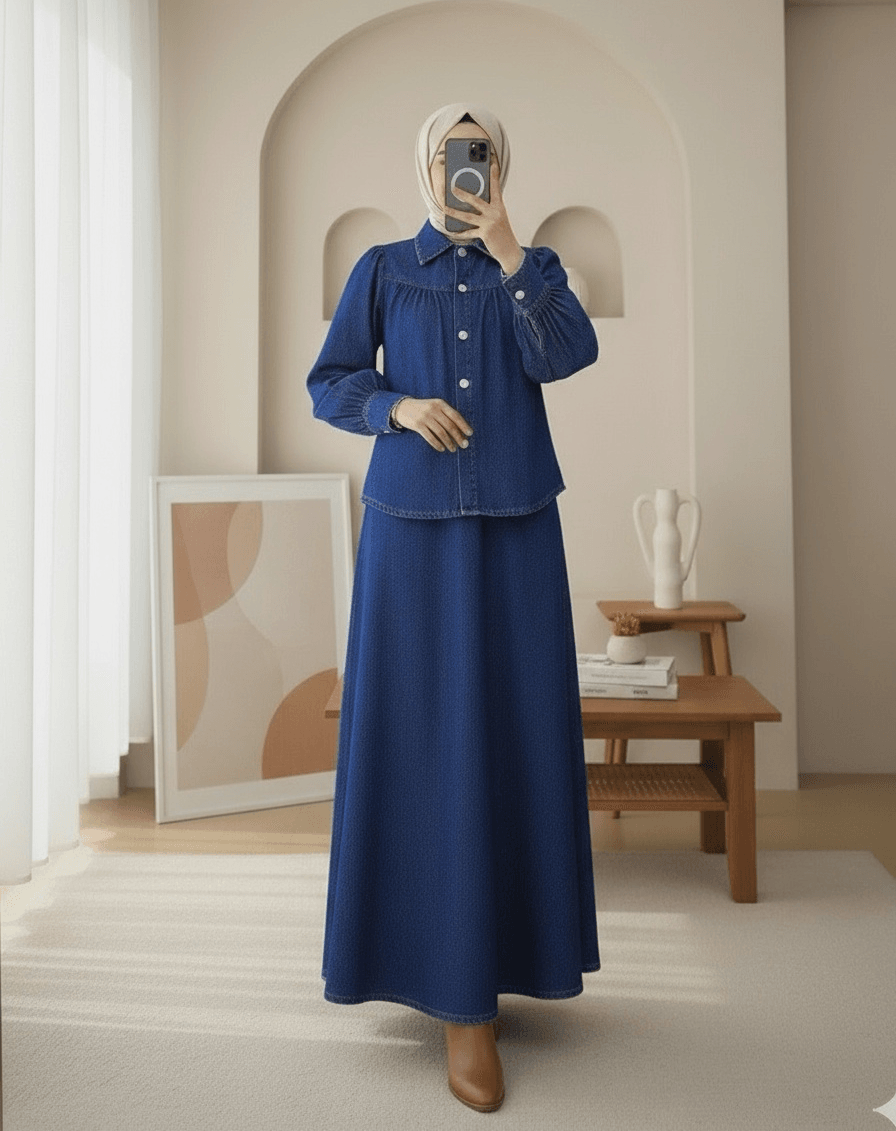 Women's Denim Two-Piece Set with Belted Skirt - Dark Blue - Podyumplus - by Peralane - photo 3