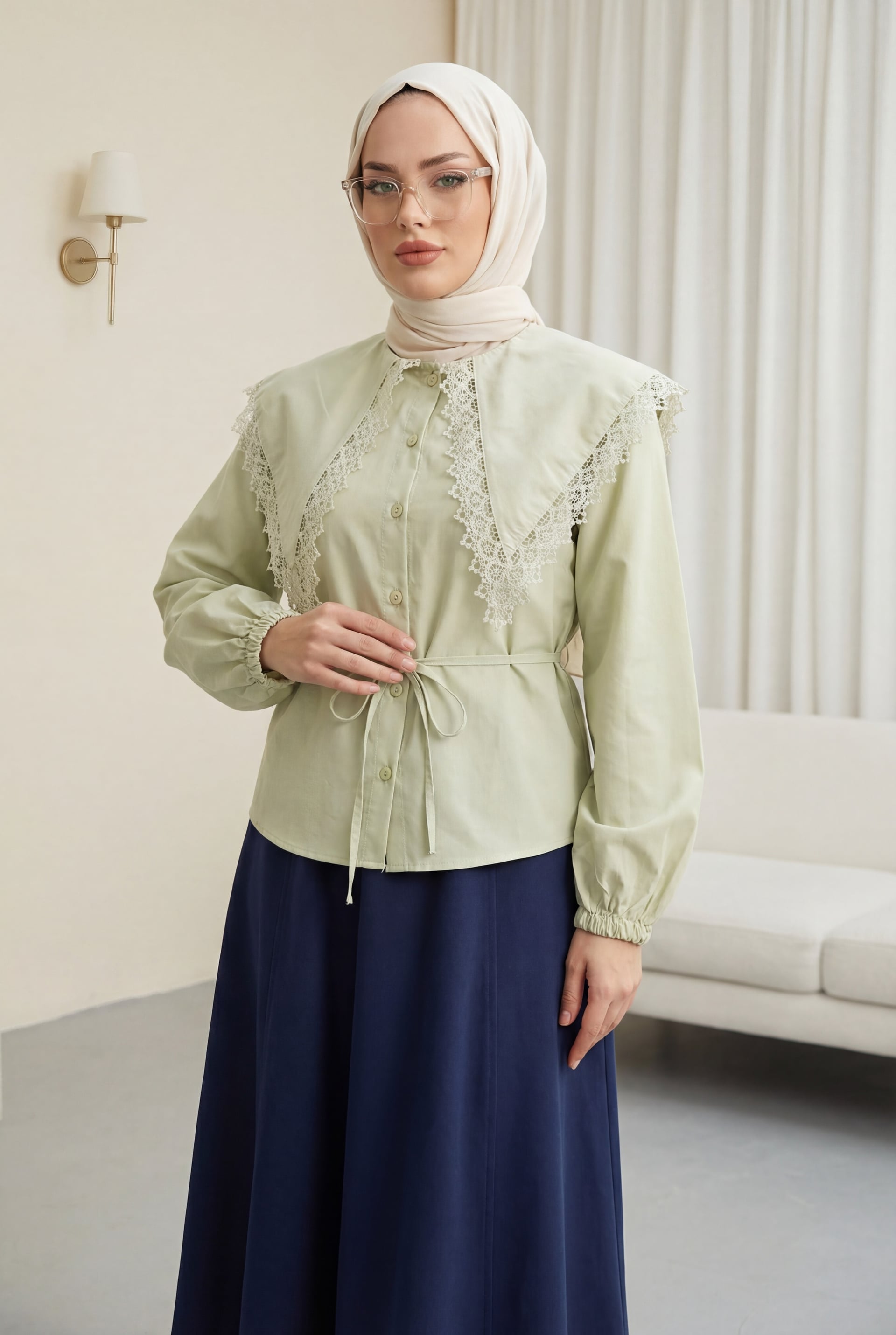 Lace Collar Tie Waist Poplin Blouse - Sea Green - Podyumplus - by Peralane - photo 3