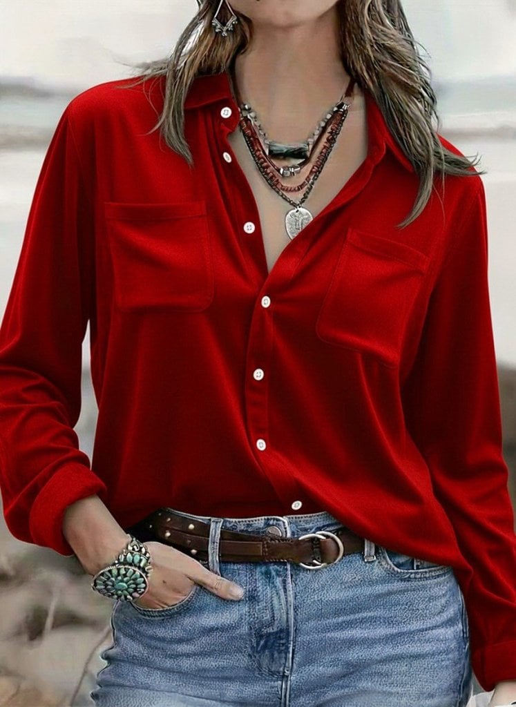 Women's Red Velvet Long Sleeve Collared Button-Front Shirt with Chest Pockets - Janes - by Peralane - photo 2