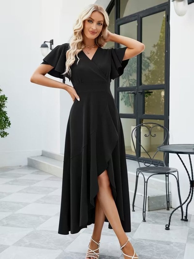 Women's Black V-Neck Wrap Dress with Asymmetric Flounce - Janes - by Peralane - photo 4