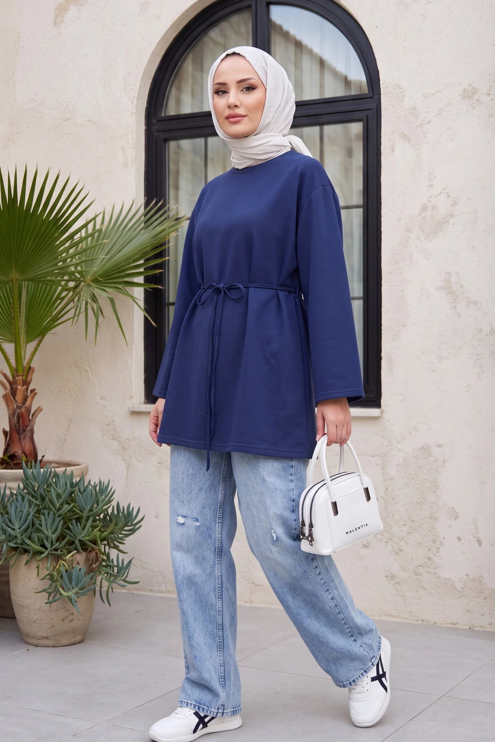Women's Round Neck Tie-Waist Jersey Tunic - Navy - Podyumplus - by Peralane - photo 3
