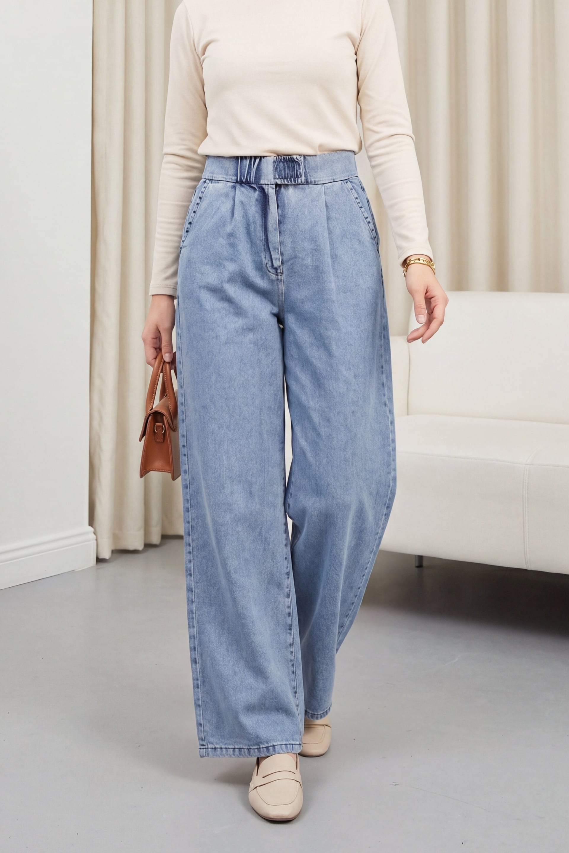 Wide Leg Pleated Denim Trousers with Elastic Waist - Ice Blue - Podyumplus - by Peralane - photo 6