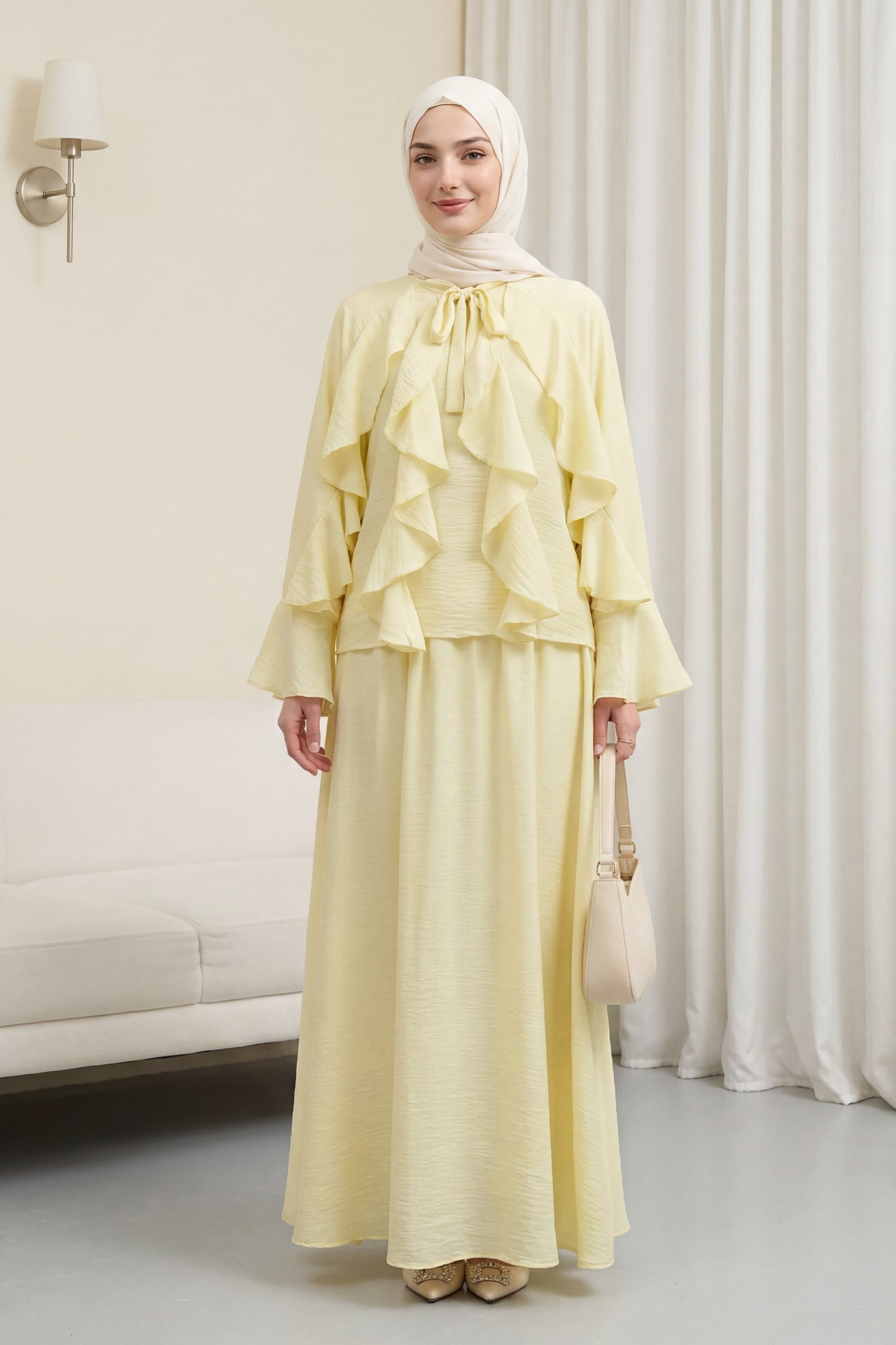 Pale Yellow Tie-Neck Ruffle Trimmed Lined Tulle Modal Two-Piece Set - Podyumplus - by Peralane - photo 4