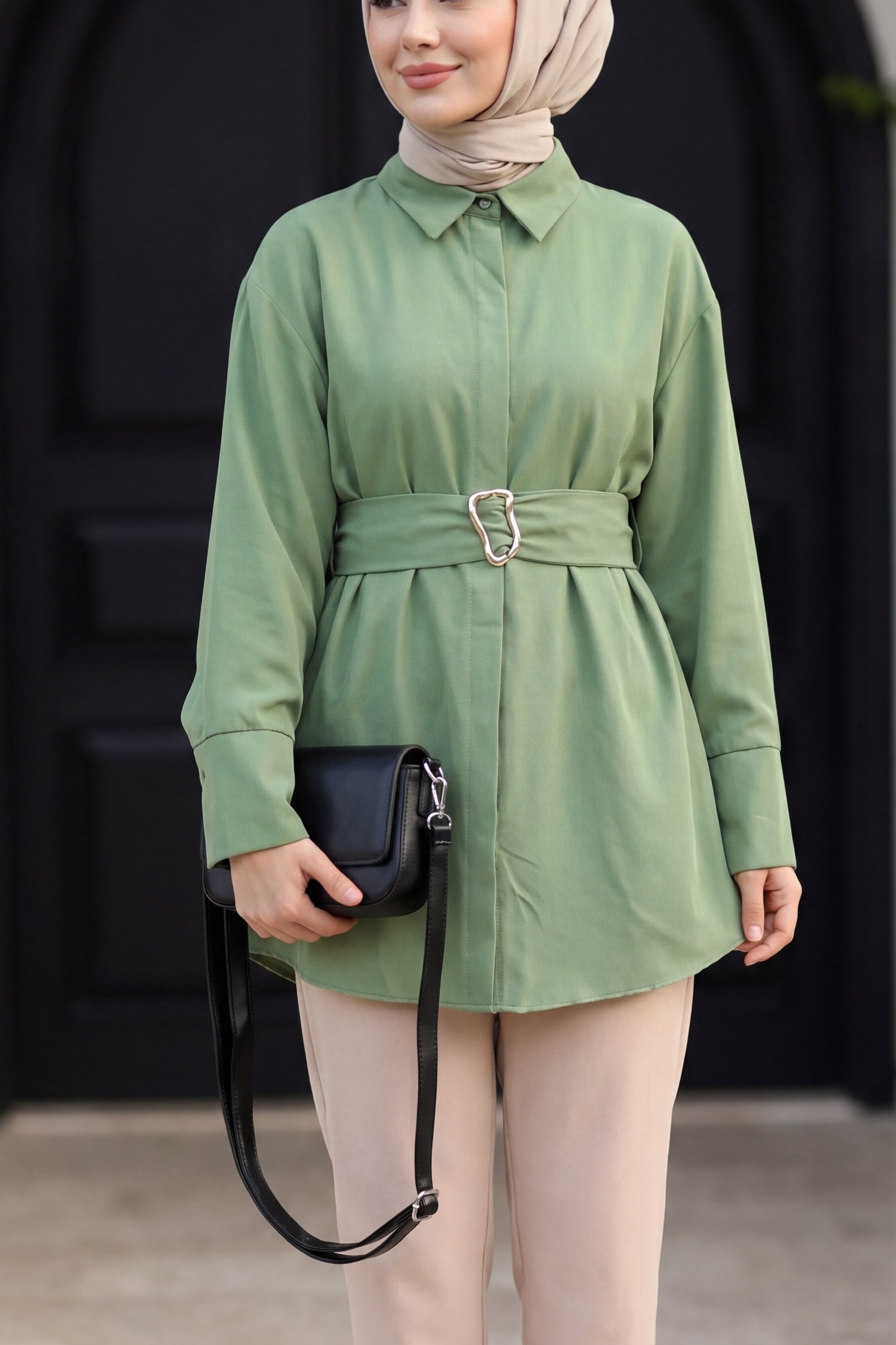 Belted Double Cuff Poplin Tunic with Concealed Button Front - Khaki - Podyumplus - by Peralane - photo 3