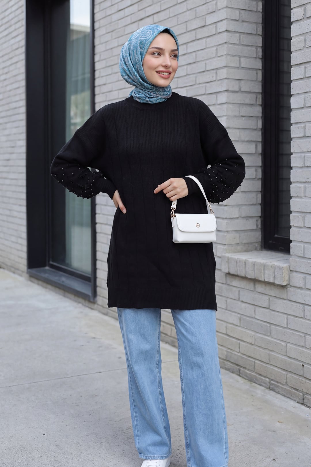 Black Beaded Cable Knit Tunic with High Neck - Podyumplus - by Peralane - photo 4