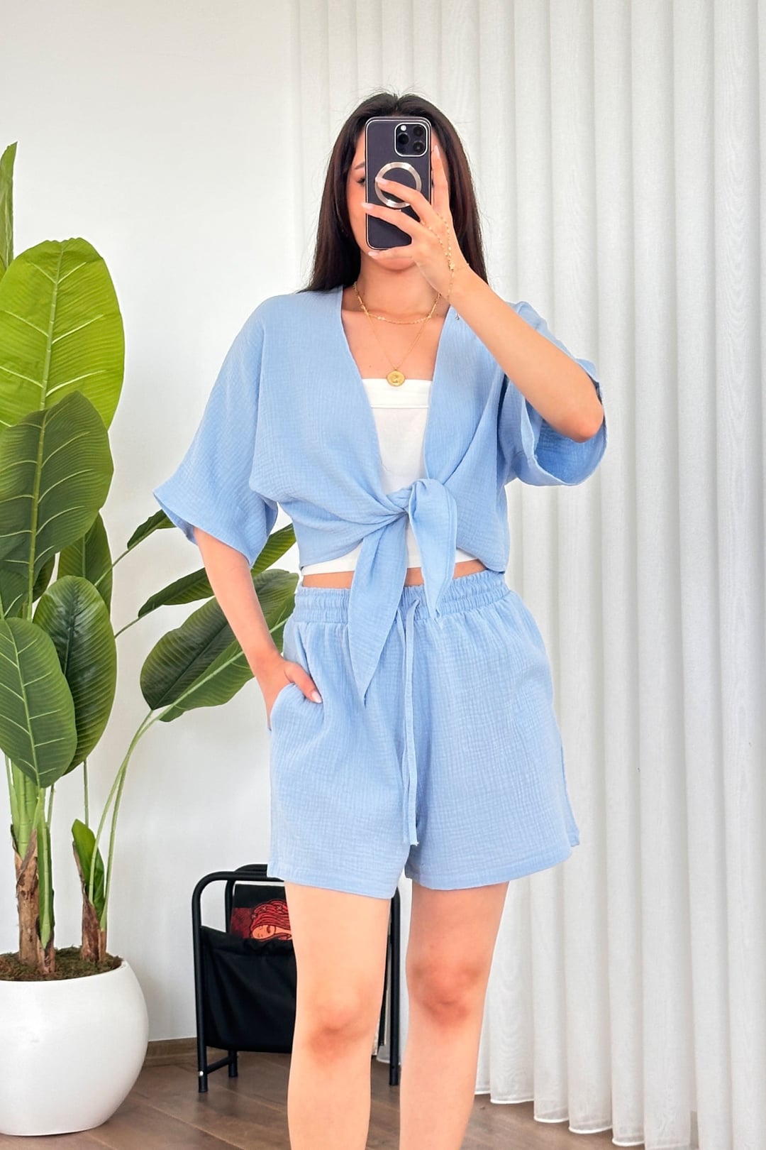Women's Light Blue Tie-Front Draped Blouse - Crinkled Gauze - Lustri̇n - by Peralane - photo 3