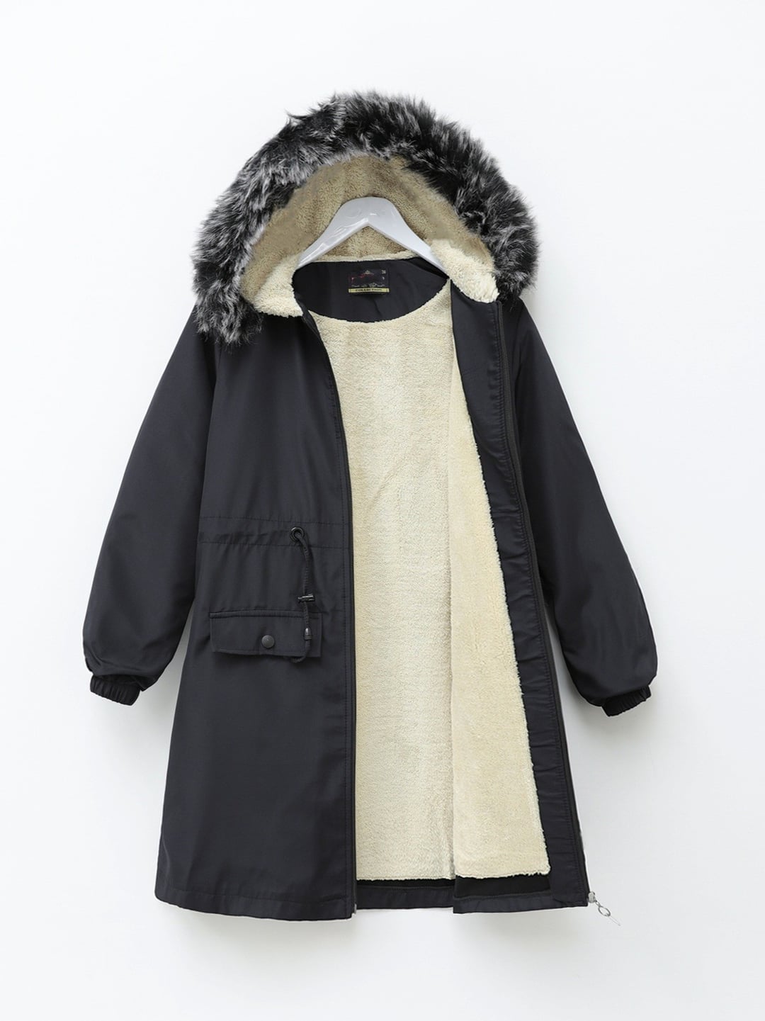 Black Fixed Hood Faux Fur Lined Bondit Coat - Podyumplus - by Peralane - photo 3
