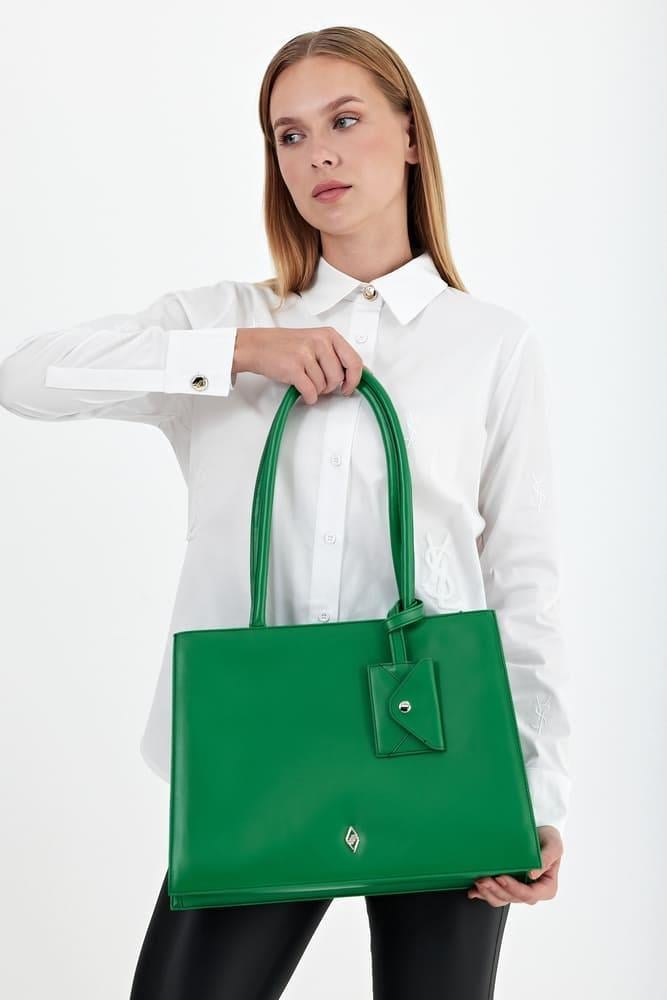 Women's Bright Green Vegan Leather Shoulder Bag with Detachable Pouch - Aron Atelier - by Peralane - photo 4