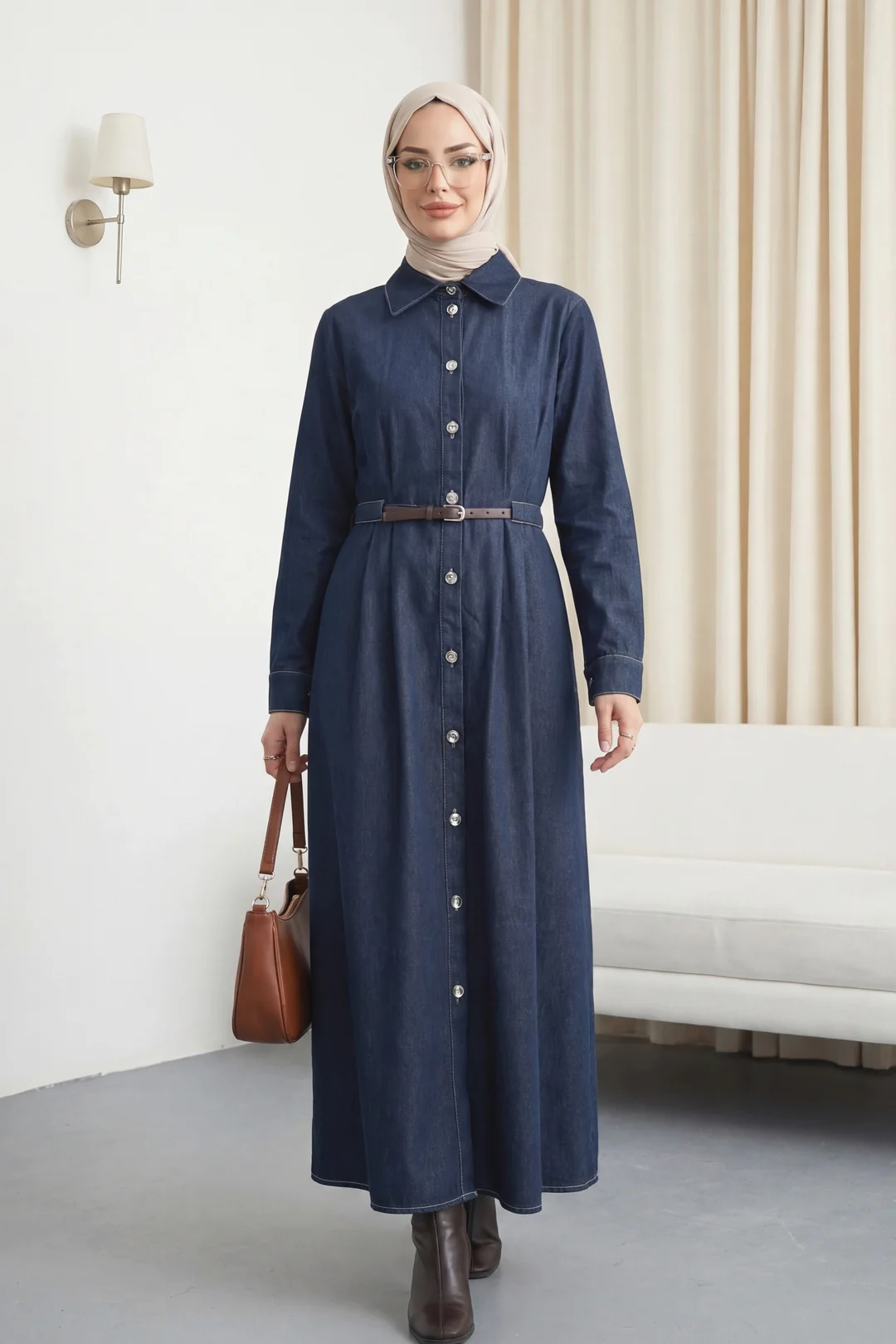 Front Button Pleat Detail Tunnel Belt Denim Dress - Dark Navy - Podyumplus - by Peralane
