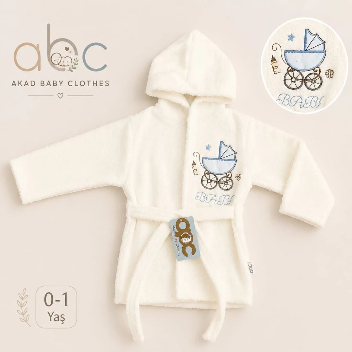 Baby Bathrobe with Hood - Cream and Blue - Pack of 4 - Has Bereket - by Peralane