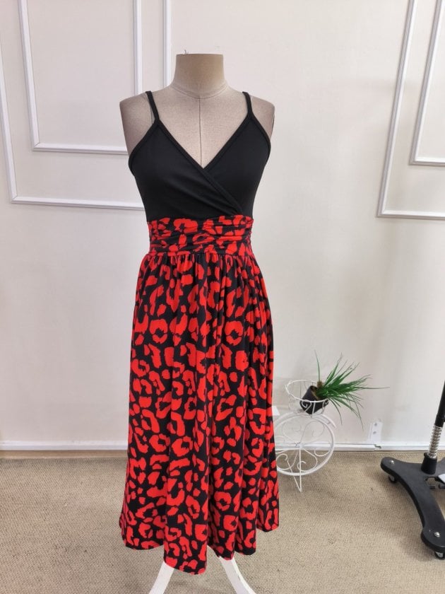 Women's Sleeveless V-Neck Midi Dress with Leopard Print Skirt - Janes - by Peralane - photo 4