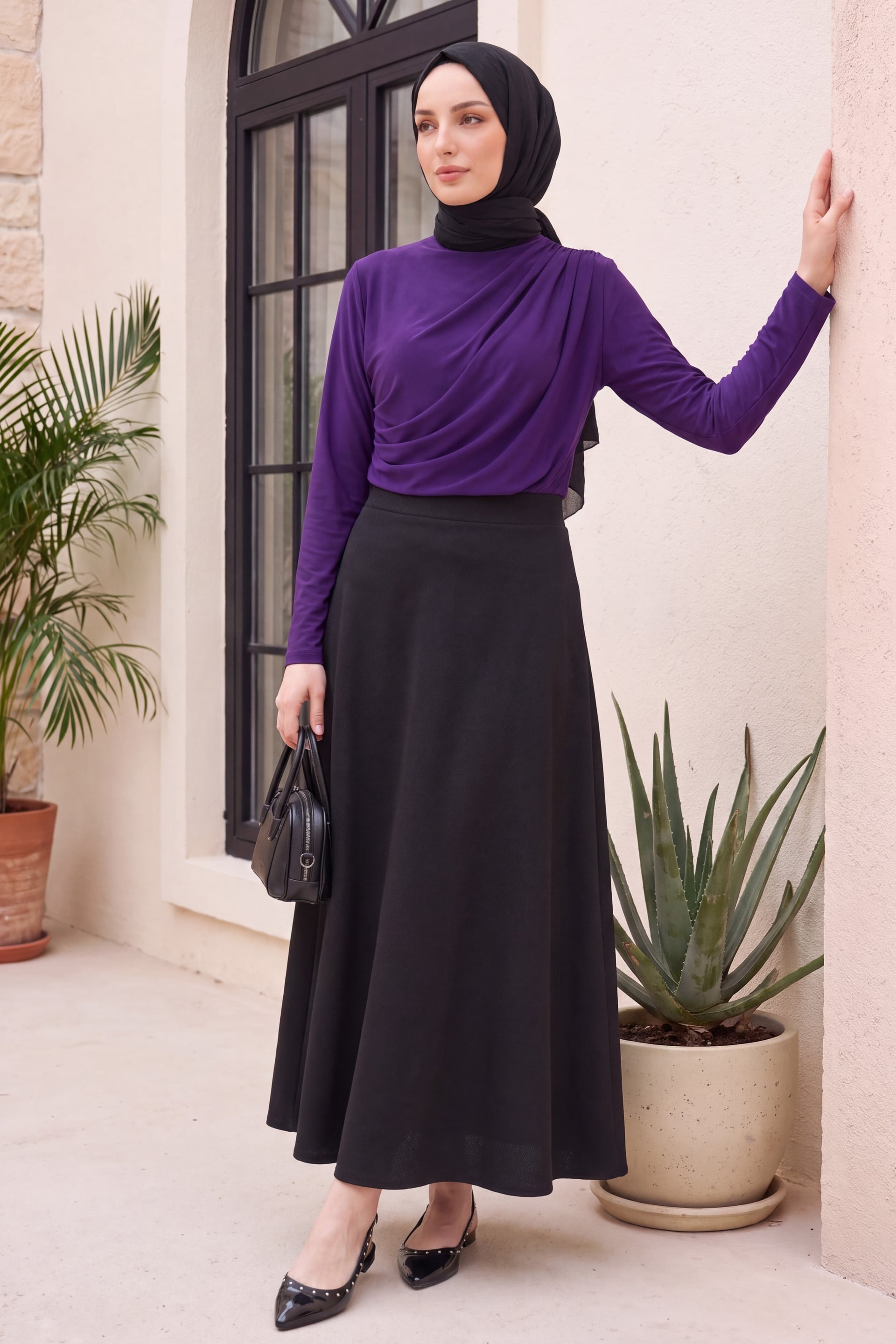 Black Lycra Crepe Flared Maxi Skirt - Podyumplus - by Peralane - photo 2