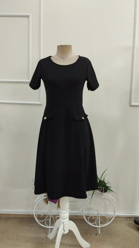 Women's Black Short-Sleeved Round Neck Midi Dress with Pocket Detail - Janes - by Peralane - photo 5