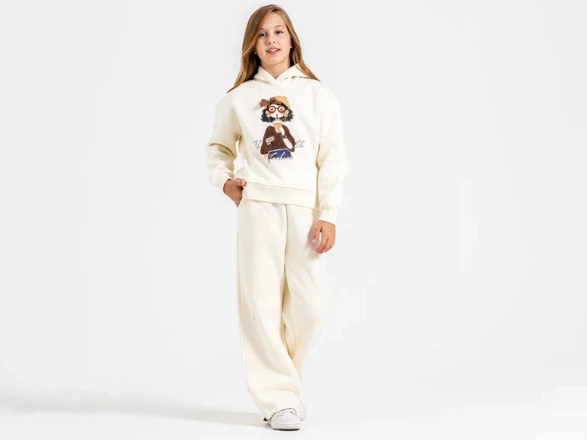Girls' Printed Hooded Sweatshirt and Wide-Leg Trousers Set - Cream - ÖZ Bebe - by Peralane