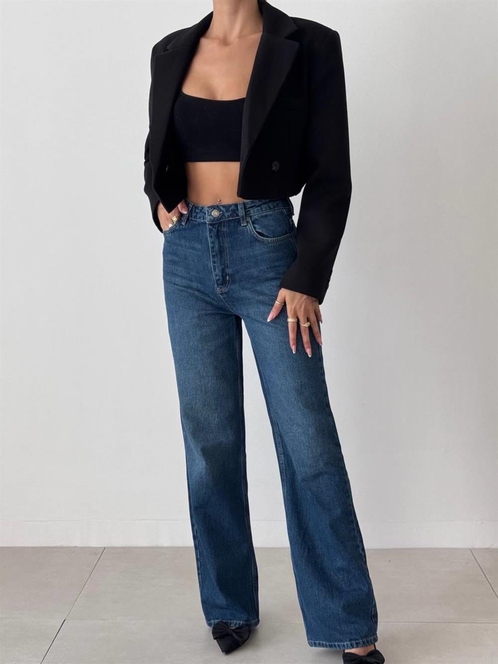 High-Waisted Straight-Leg Dark Blue Denim Jeans - Lacarino Jeans - by Peralane - photo 2