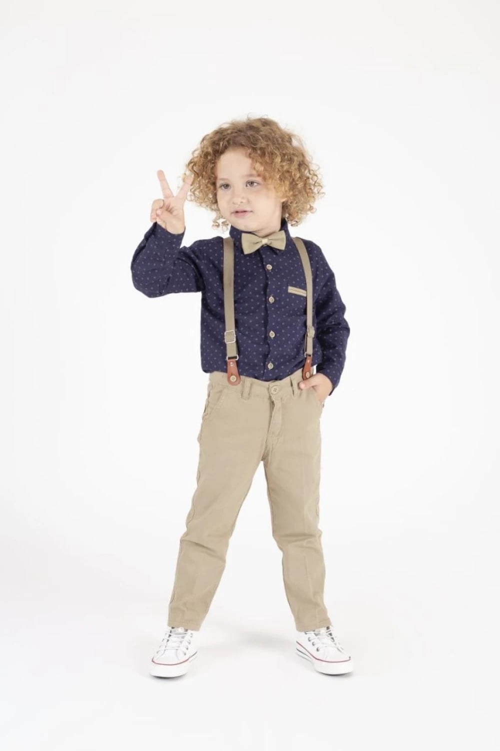 Boys' Oxford Fabric Suit Set with Suspenders and Bow Tie - Navy - Terry - by Peralane
