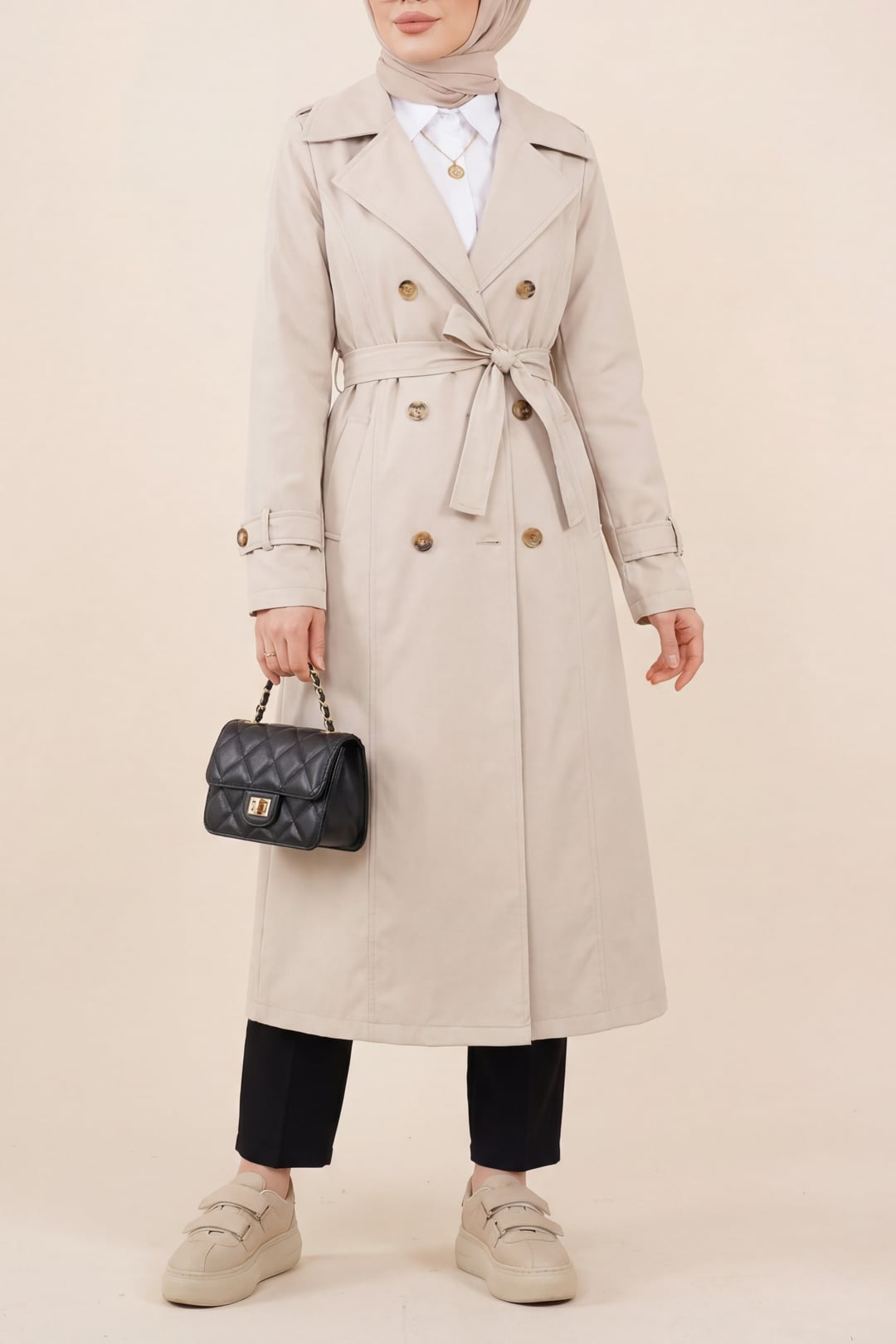Lined Belted Trench Coat - Stone - Podyumplus - by Peralane - photo 2