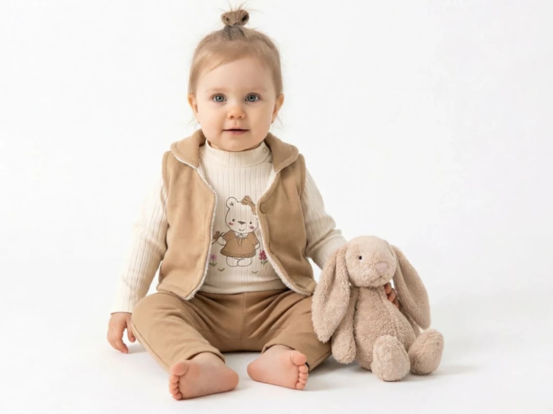 Bear Patterned Vest Baby Set - Beige - Elci Baby - by Peralane