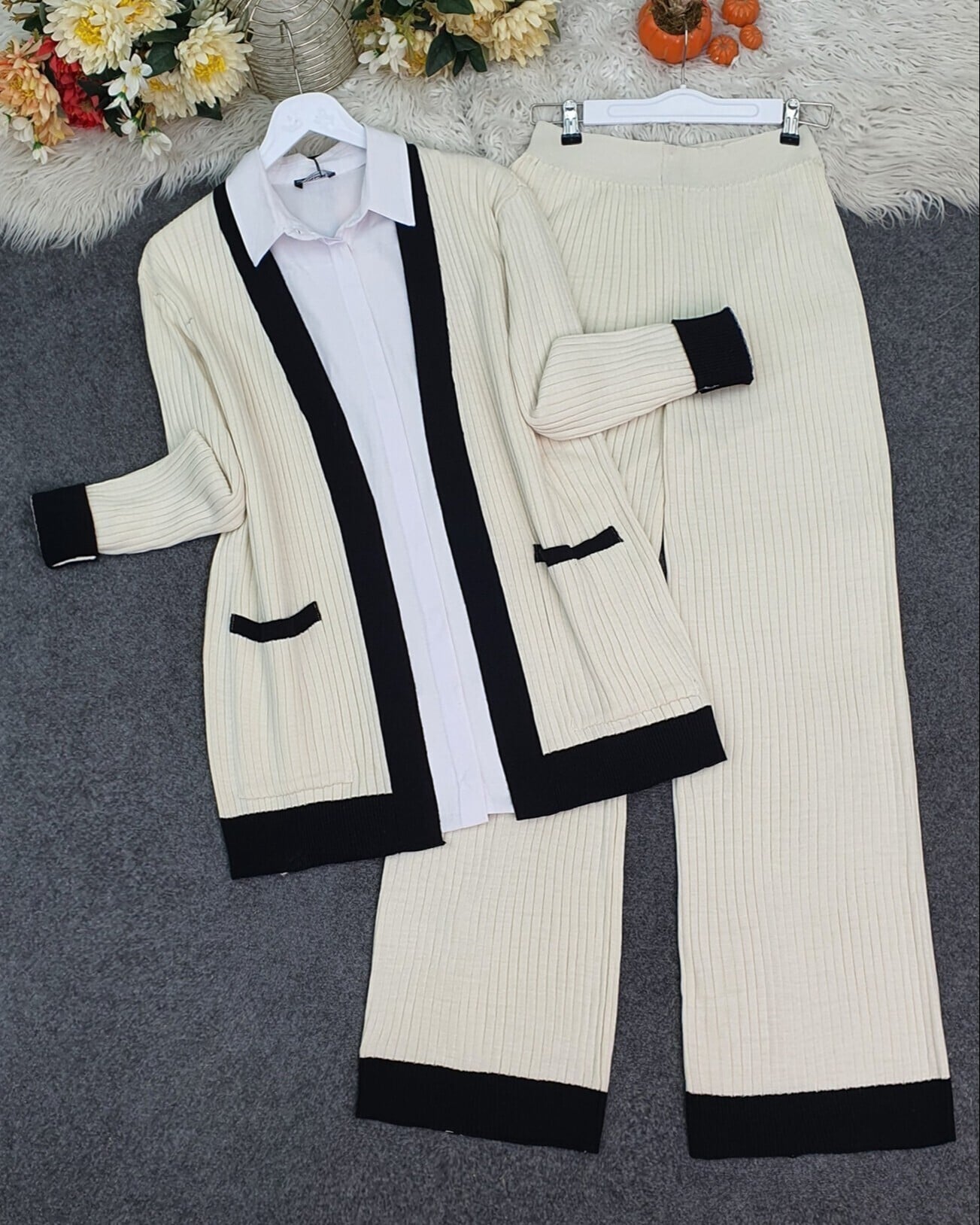 Cream Ribbed Knit Cardigan and Trousers Set - Podyumplus - by Peralane - photo 2