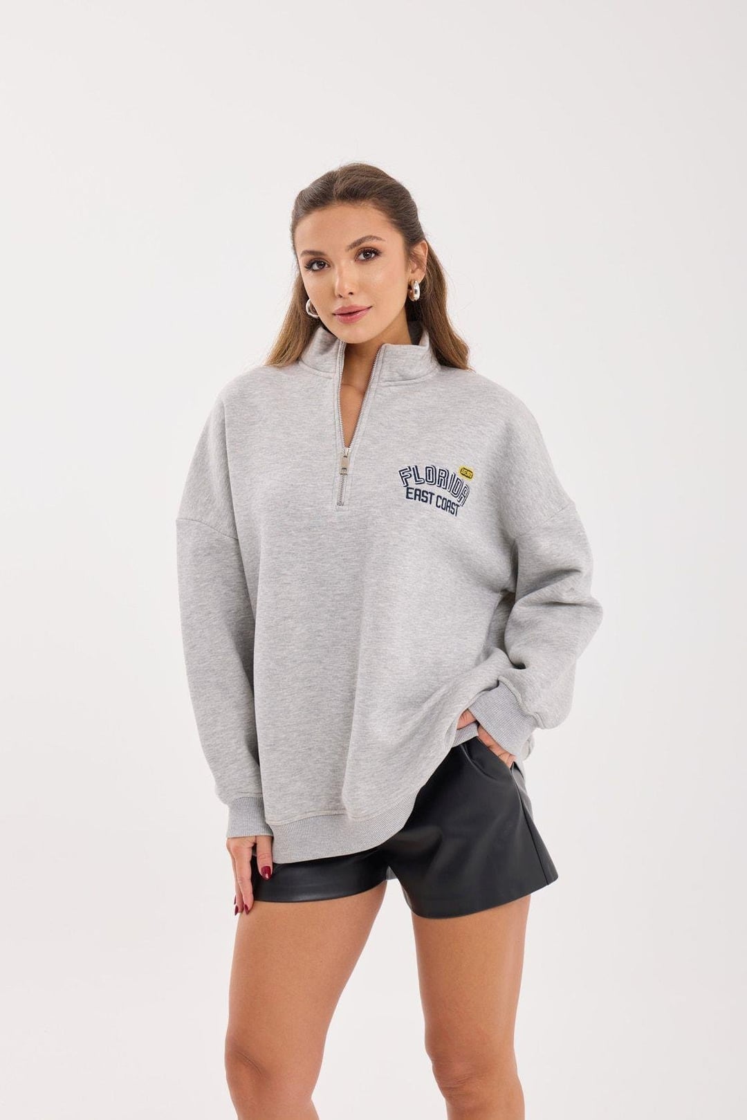 Grey Quarter-Zip Sweatshirt with Florida East Coast Print - Fame - by Peralane