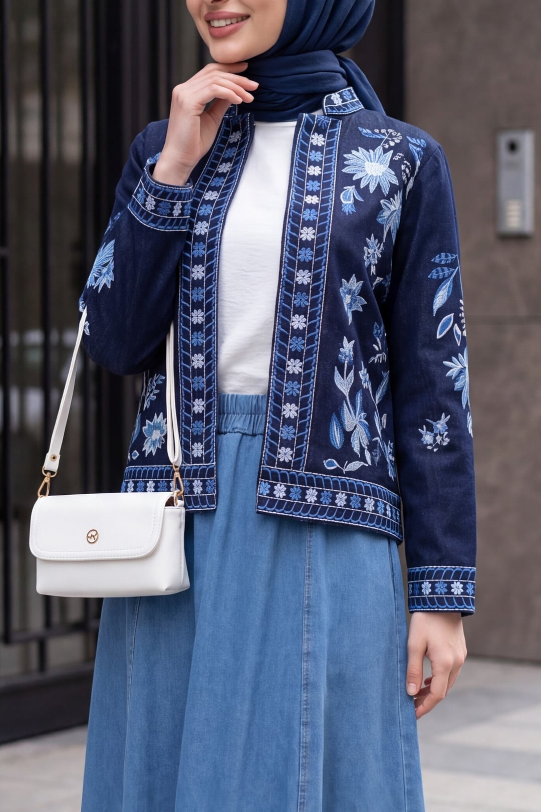Dark Navy Embroidered Denim Jacket with Notched Collar - Podyumplus - by Peralane