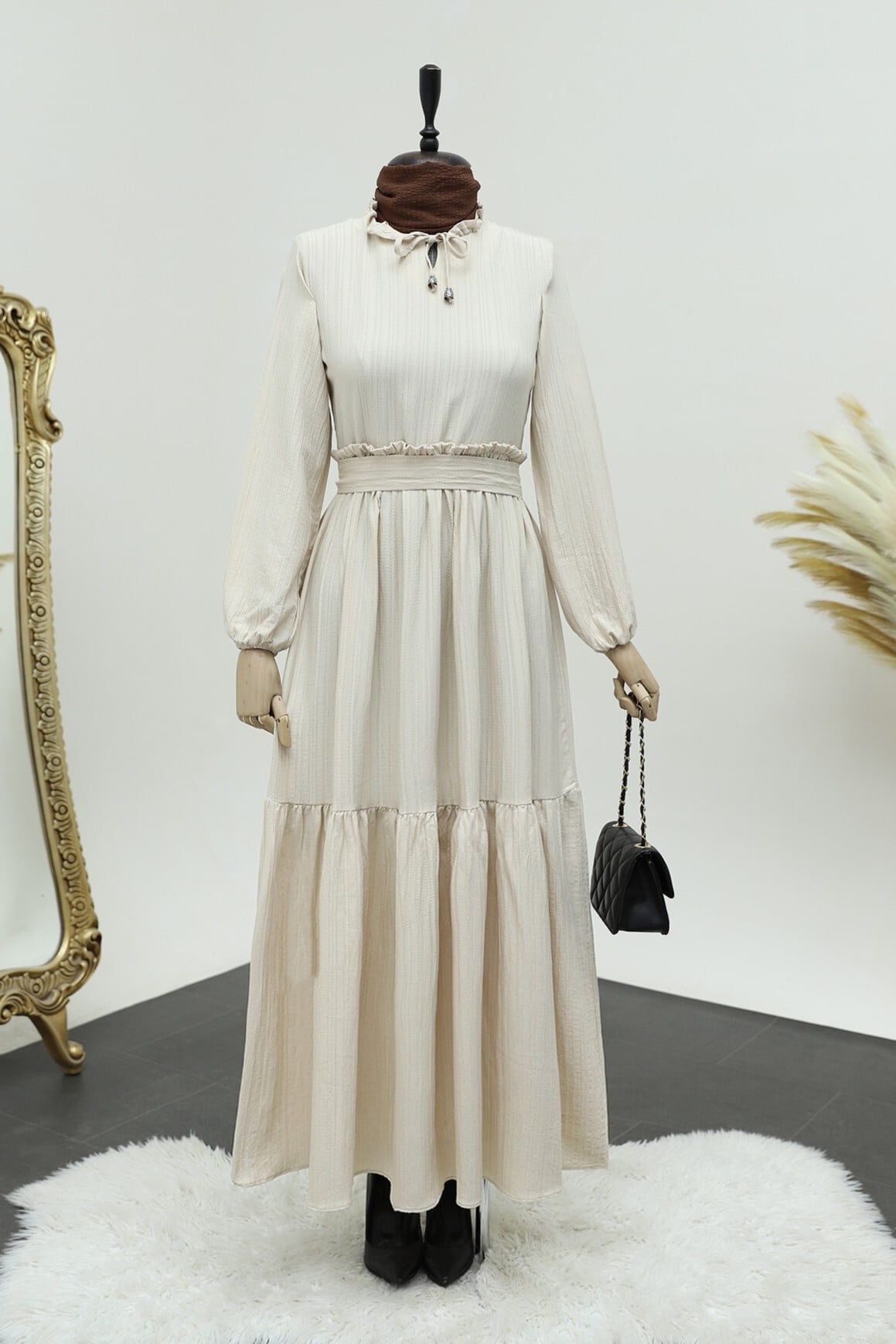 Cream Waffle Dress with Ruffled Collar and Tassel Tie - Podyumplus - by Peralane