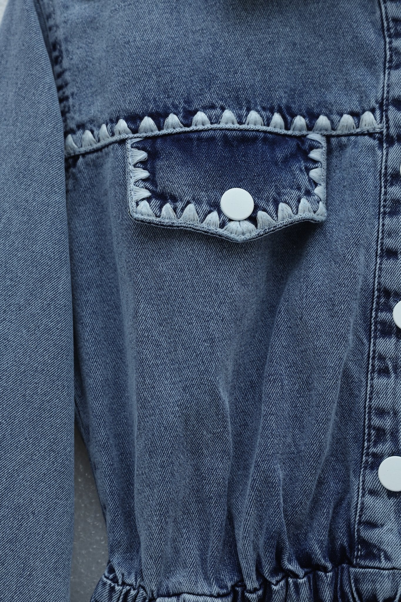 Half Button Elastic Waist Pocket Embroidered Denim Dress - Ice Blue - Podyumplus - by Peralane - photo 4