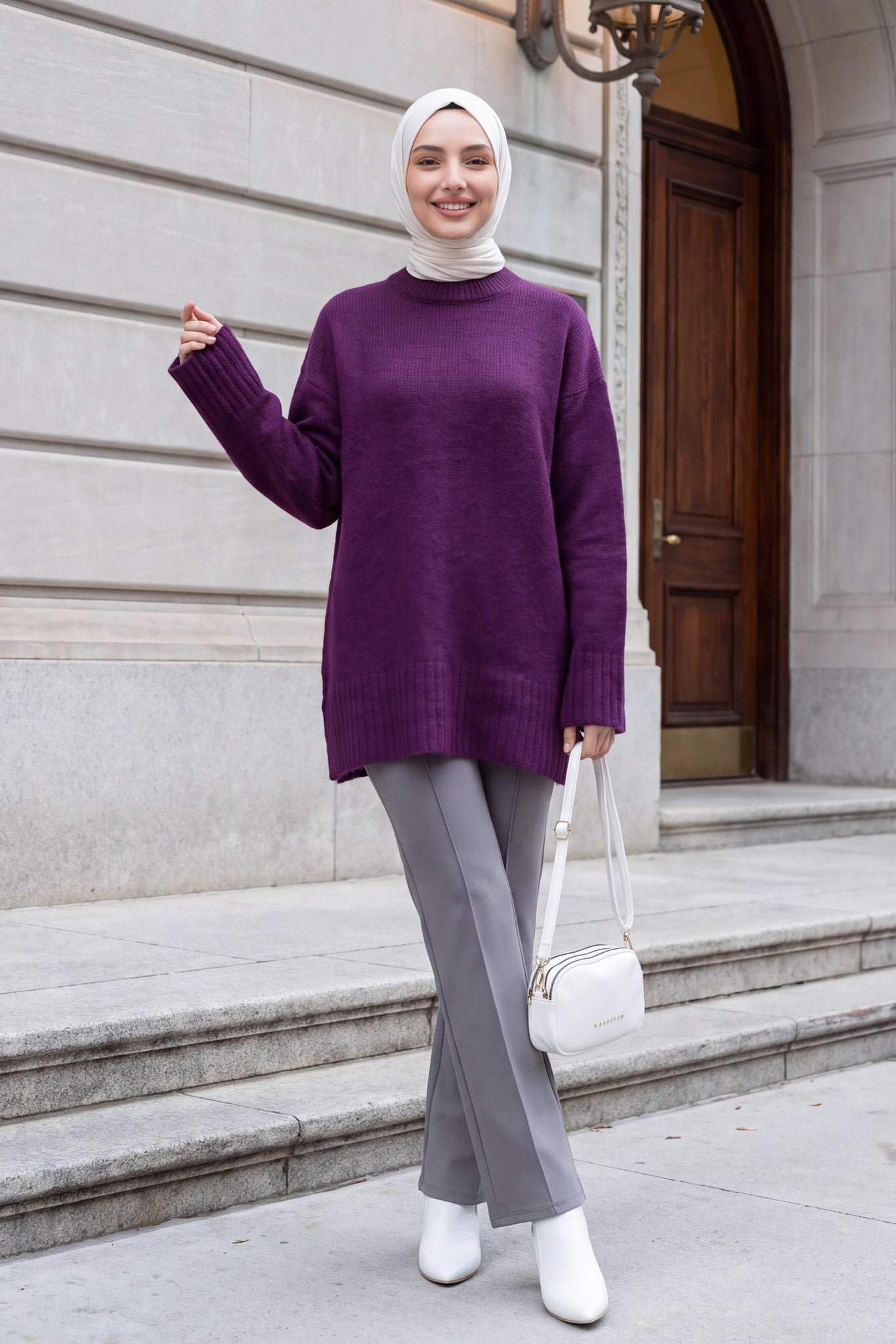 Relaxed Fit Ribbed Trim Tunic in Purple | Women's Knitwear - Podyumplus - by Peralane - photo 4